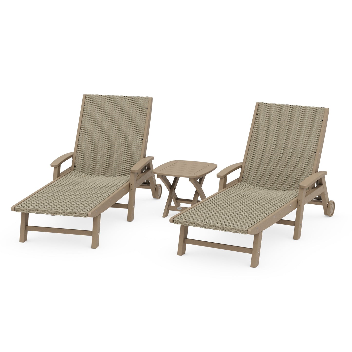 POLYWOOD 3-Piece Coastal Woven Chaise with Arms and Wheels Chaise Lounge Set — Vintage Sahara / Dune Grass