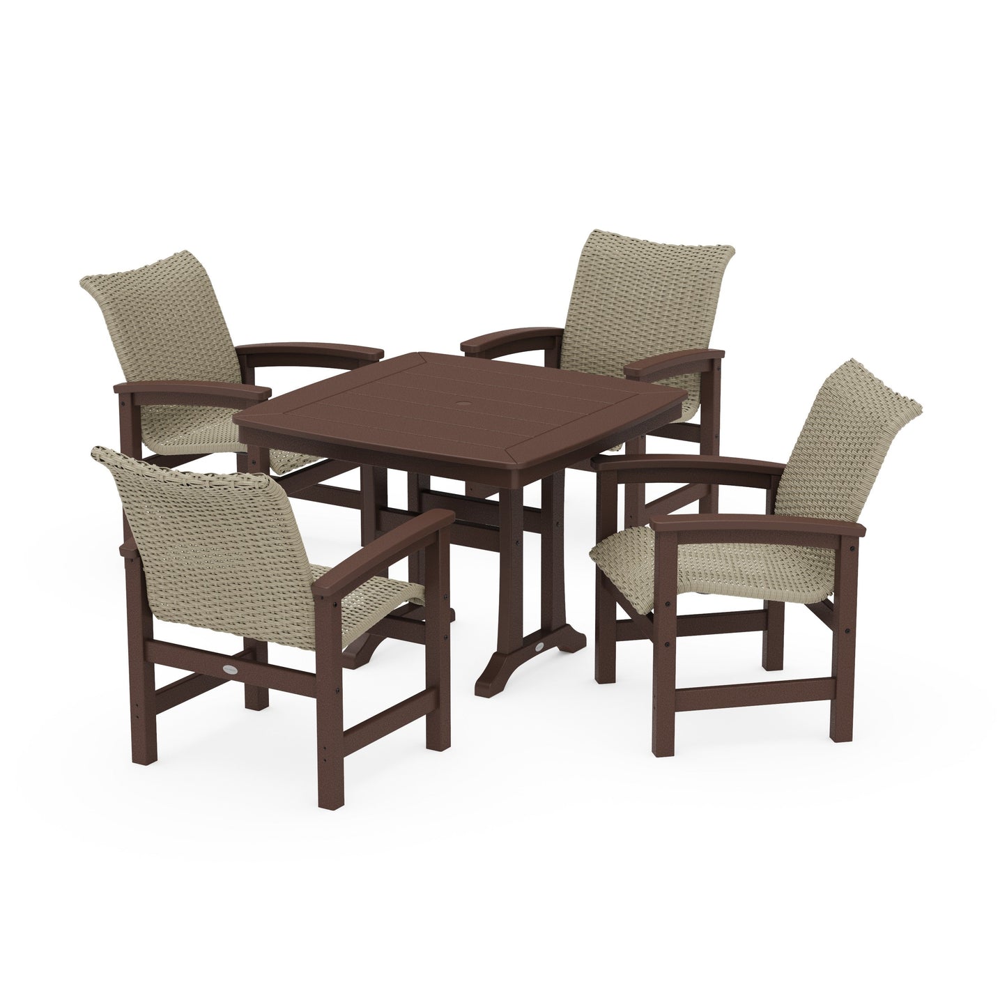 POLYWOOD Coastal Woven 5-Piece Dining Set with Trestle Legs — Mahogany / Dune Grass
