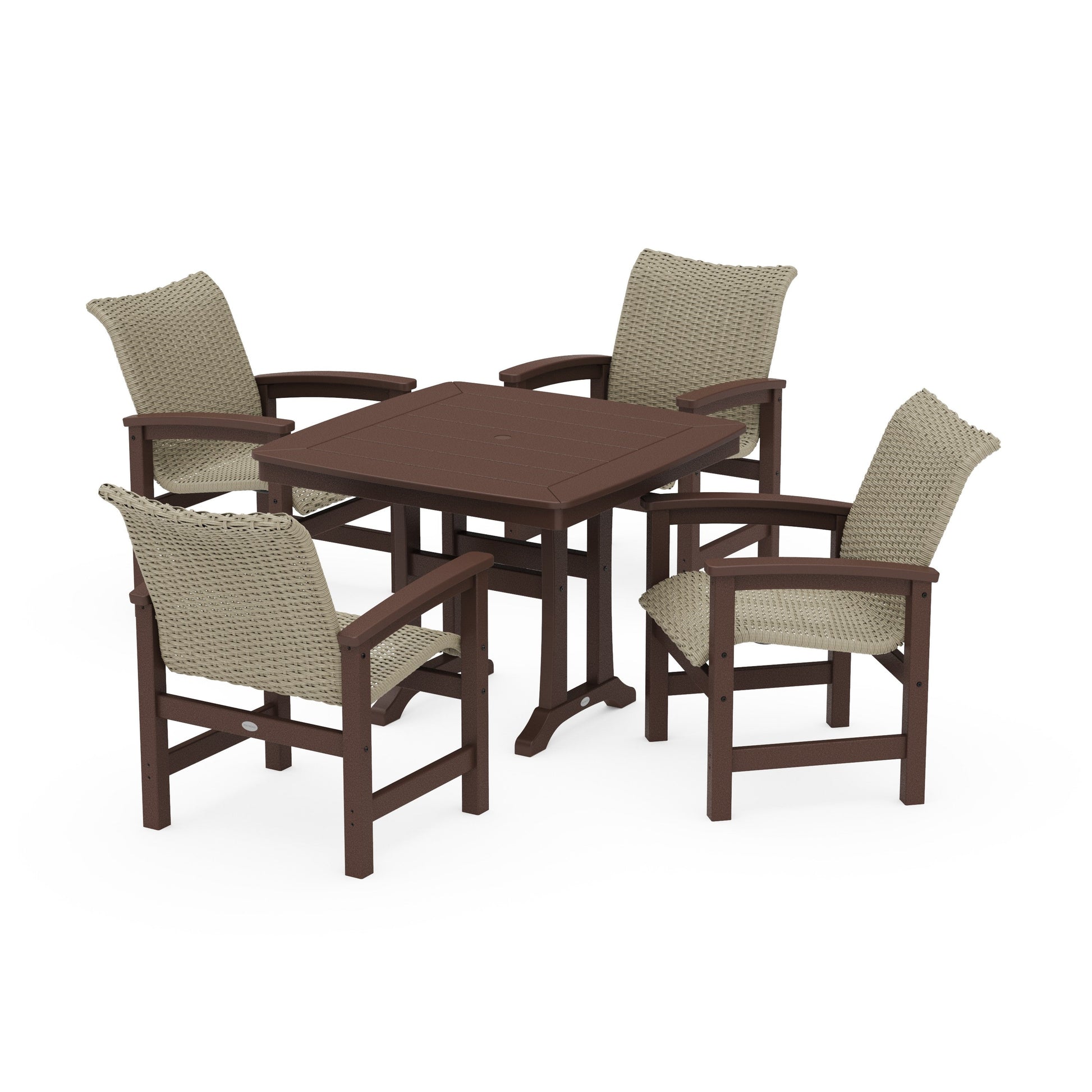 POLYWOOD Coastal Woven 5-Piece Dining Set with Trestle Legs — Mahogany / Dune Grass