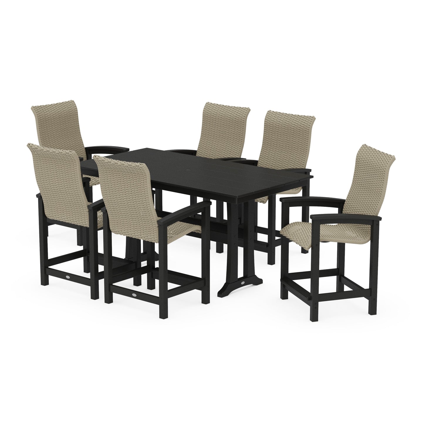 POLYWOOD Coastal Woven High-Back Arm Chair 7-Piece Farmhouse Counter Set with Trestle Legs — Black / Dune Grass