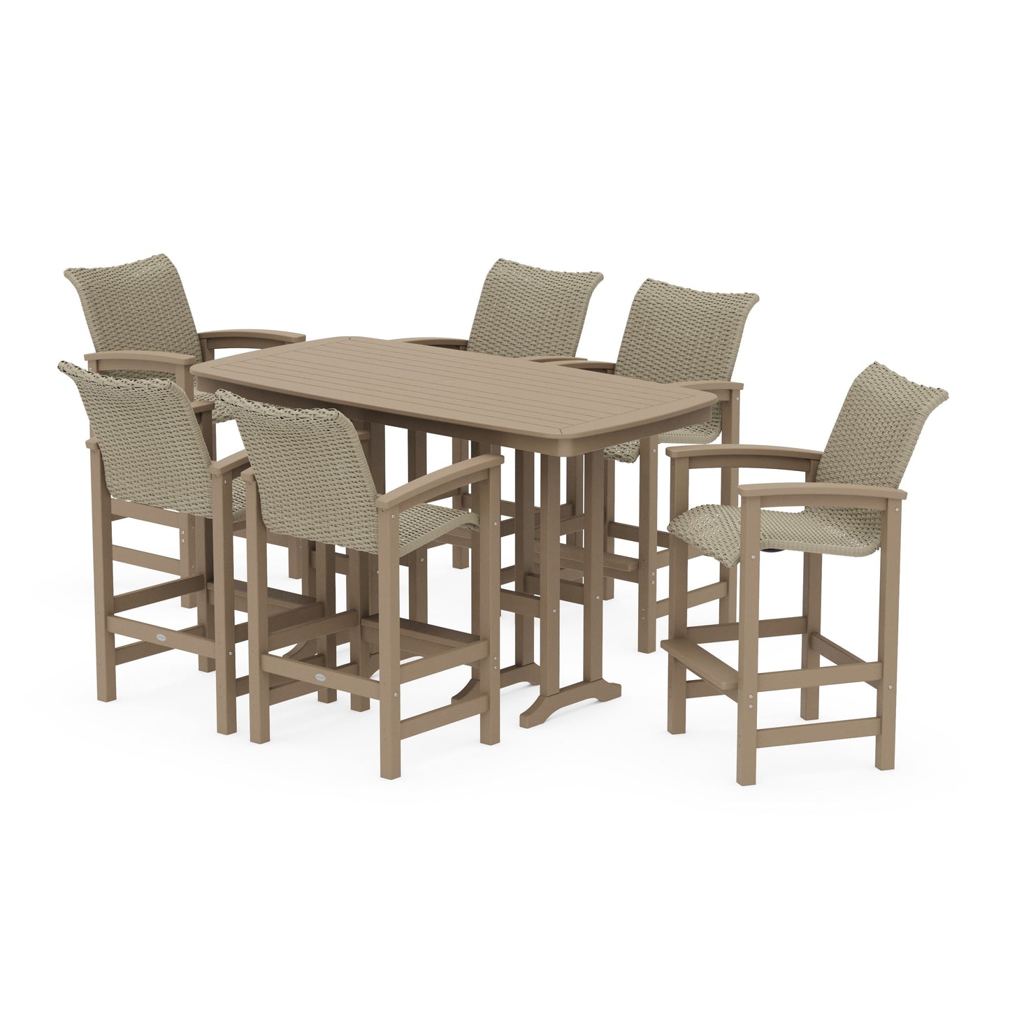 POLYWOOD Coastal Woven Arm Chair 7-Piece Bar Set — Vintage Sahara / Dune Grass