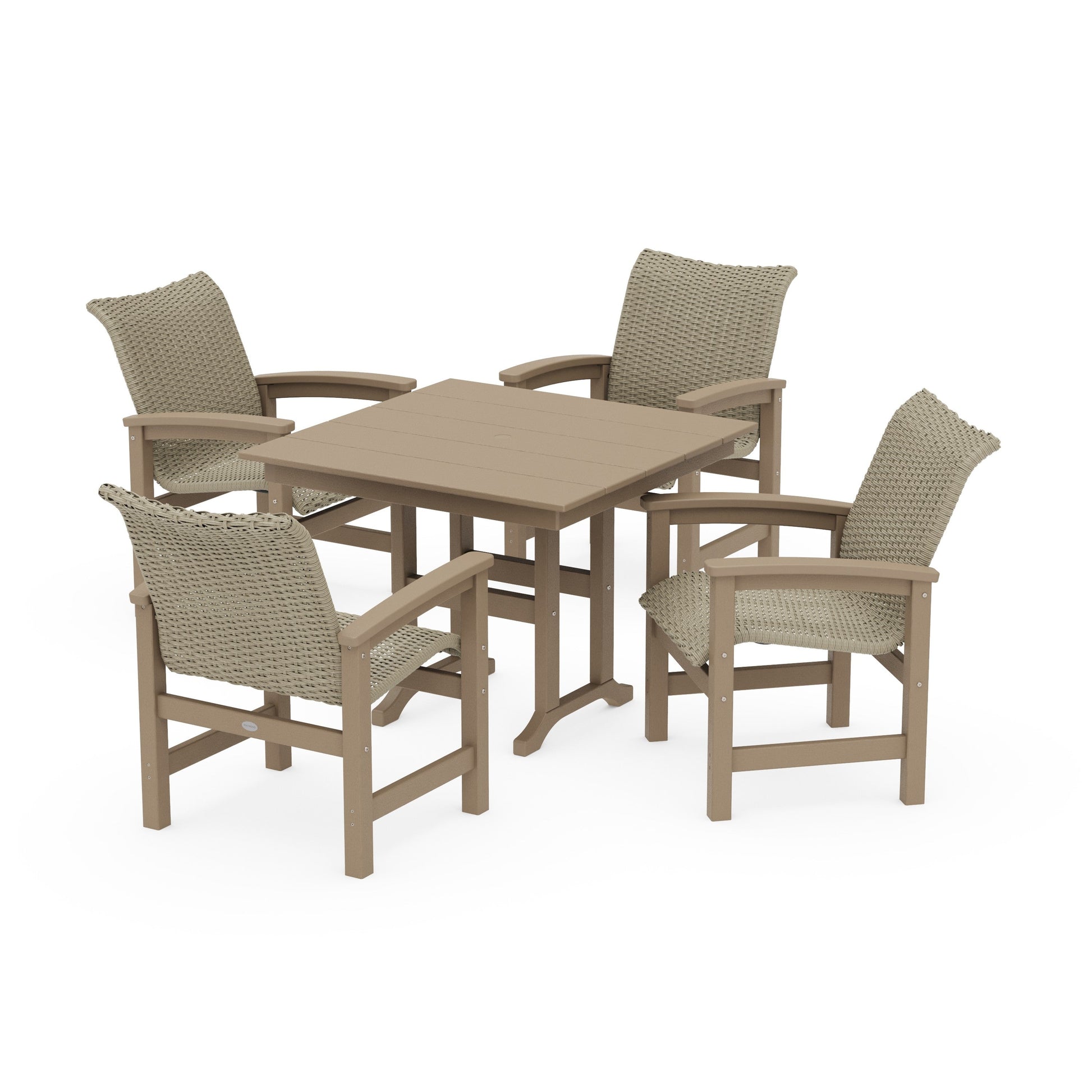 POLYWOOD Coastal Woven 5-Piece Farmhouse Dining Set — Vintage Sahara / Dune Grass