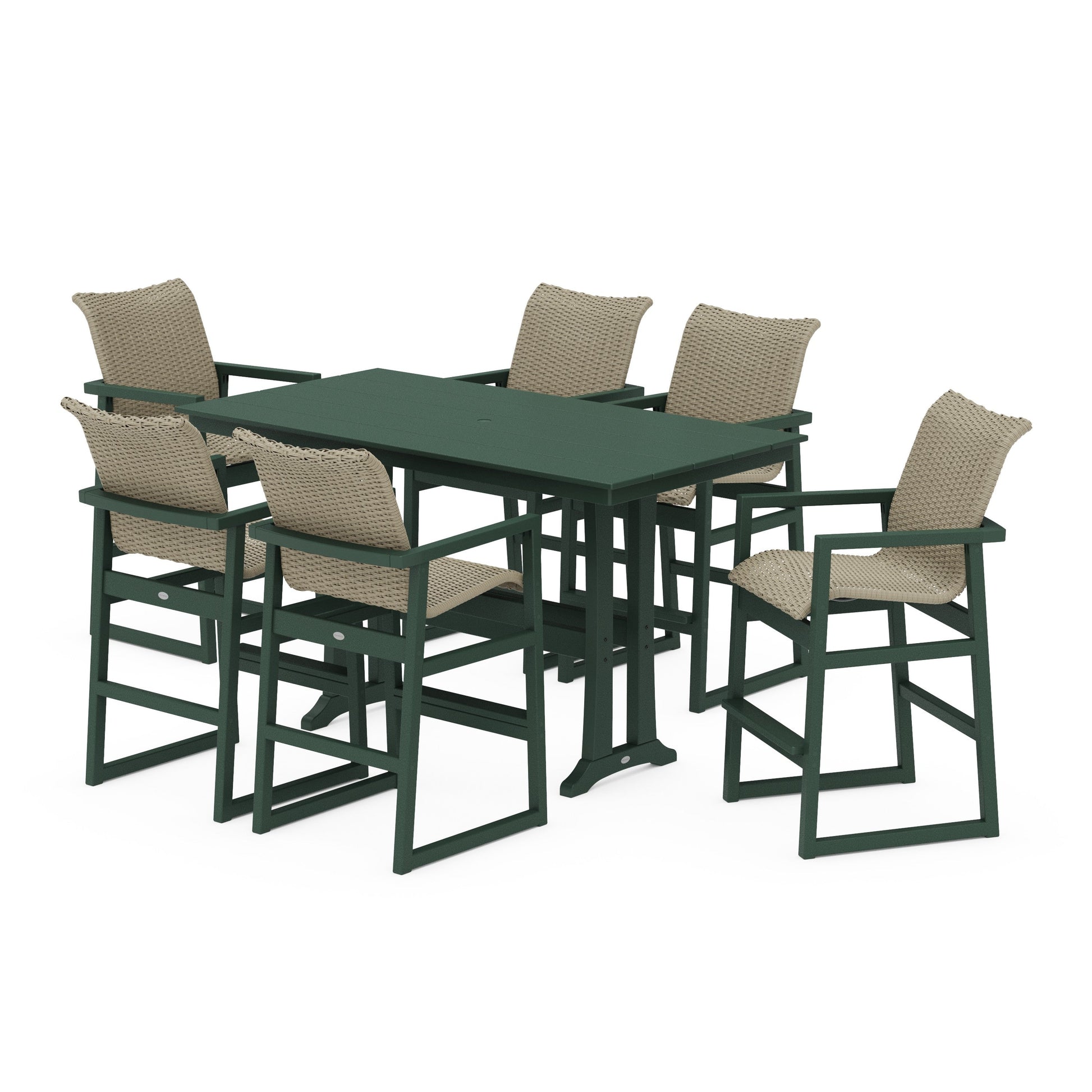 POLYWOOD EDGE Woven Arm Chair 7-Piece Farmhouse Bar Set with Trestle Legs — Green / Dune Grass