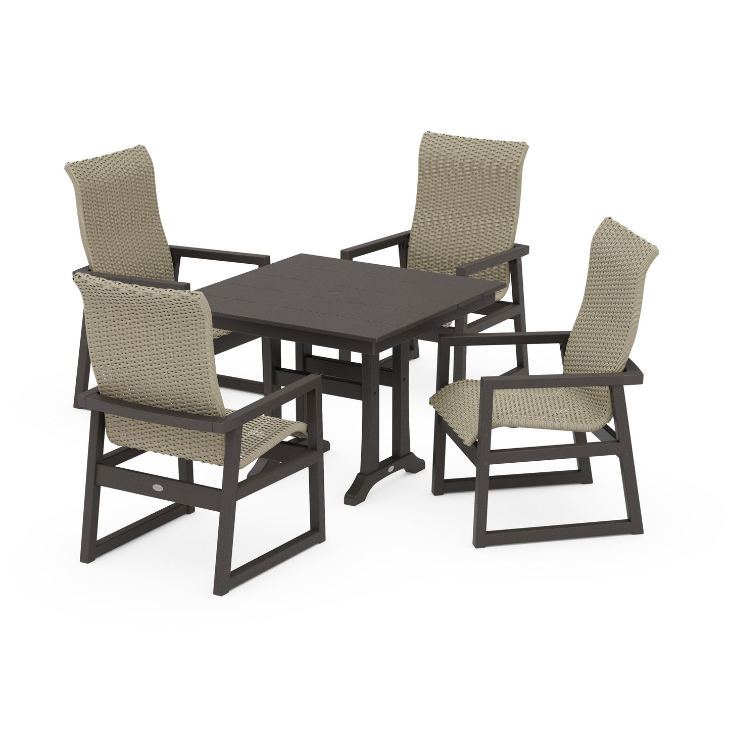 POLYWOOD EDGE Woven Highback 5-Piece Farmhouse Dining Set with Trestle Legs — Vintage Coffee / Dune Grass