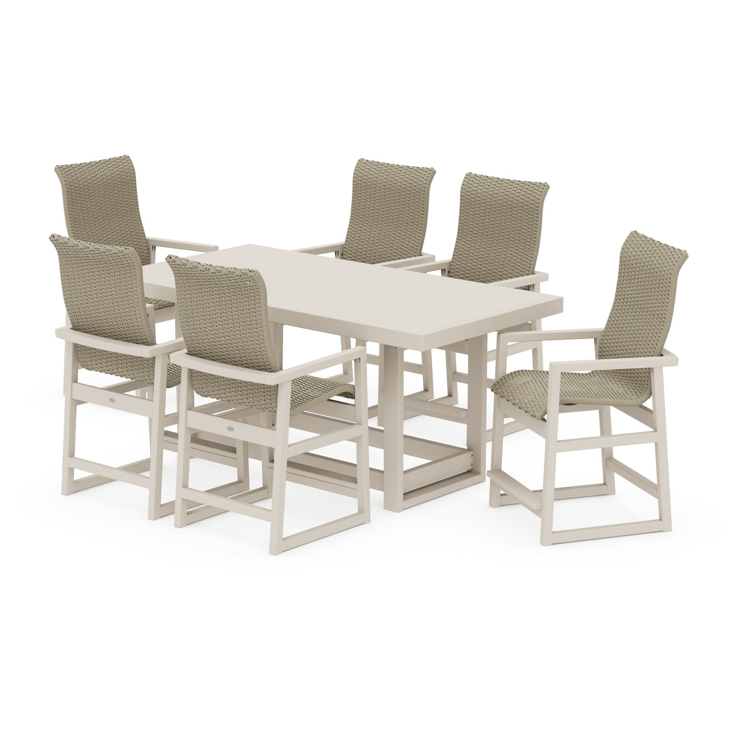POLYWOOD EDGE Woven Highback Arm Chair 7-Piece Counter Set — Sand / Dune Grass