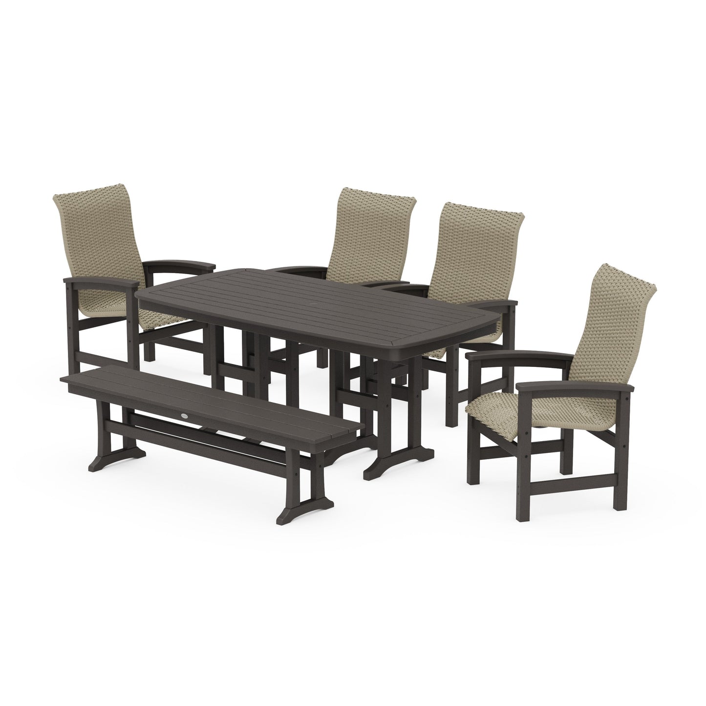 POLYWOOD Coastal Woven High-Back 6-Piece Farmhouse Dining Set with Bench — Vintage Coffee / Dune Grass