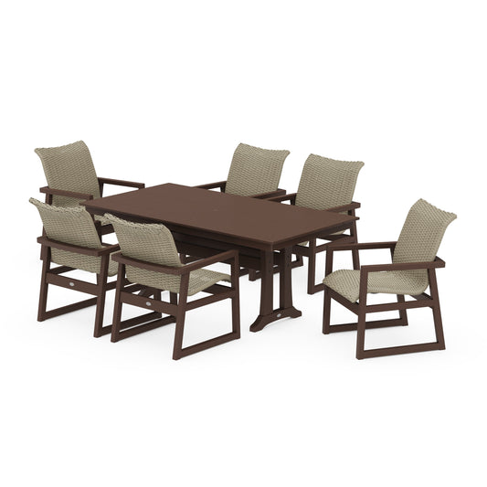 POLYWOOD EDGE Woven Arm Chair 7-Piece Farmhouse Dining Set with Trestle Legs — Mahogany / Dune Grass