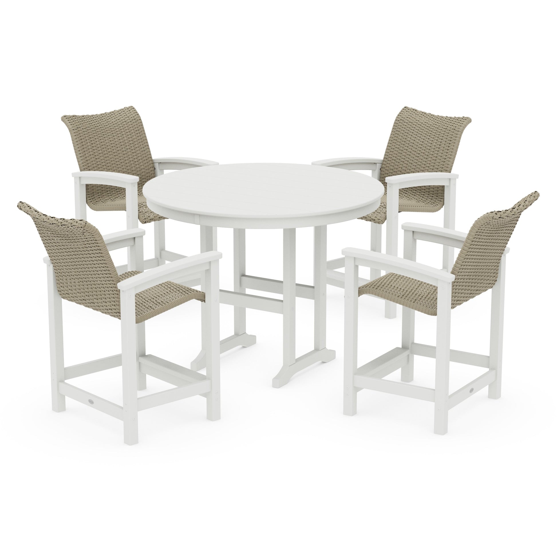 POLYWOOD Coastal Woven 5-Piece Round Farmhouse Counter Set — White / Dune Grass