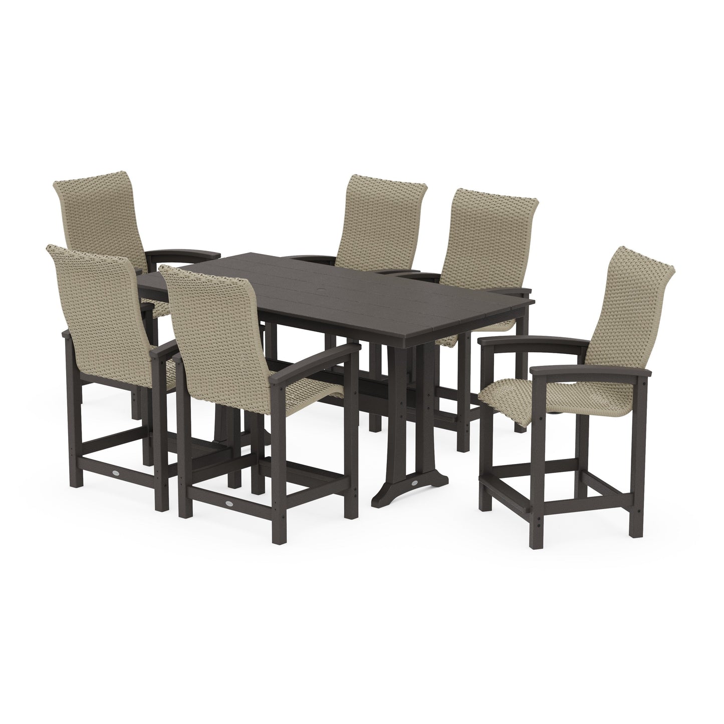POLYWOOD Coastal Woven High-Back Arm Chair 7-Piece Farmhouse Counter Set with Trestle Legs — Vintage Coffee / Dune Grass