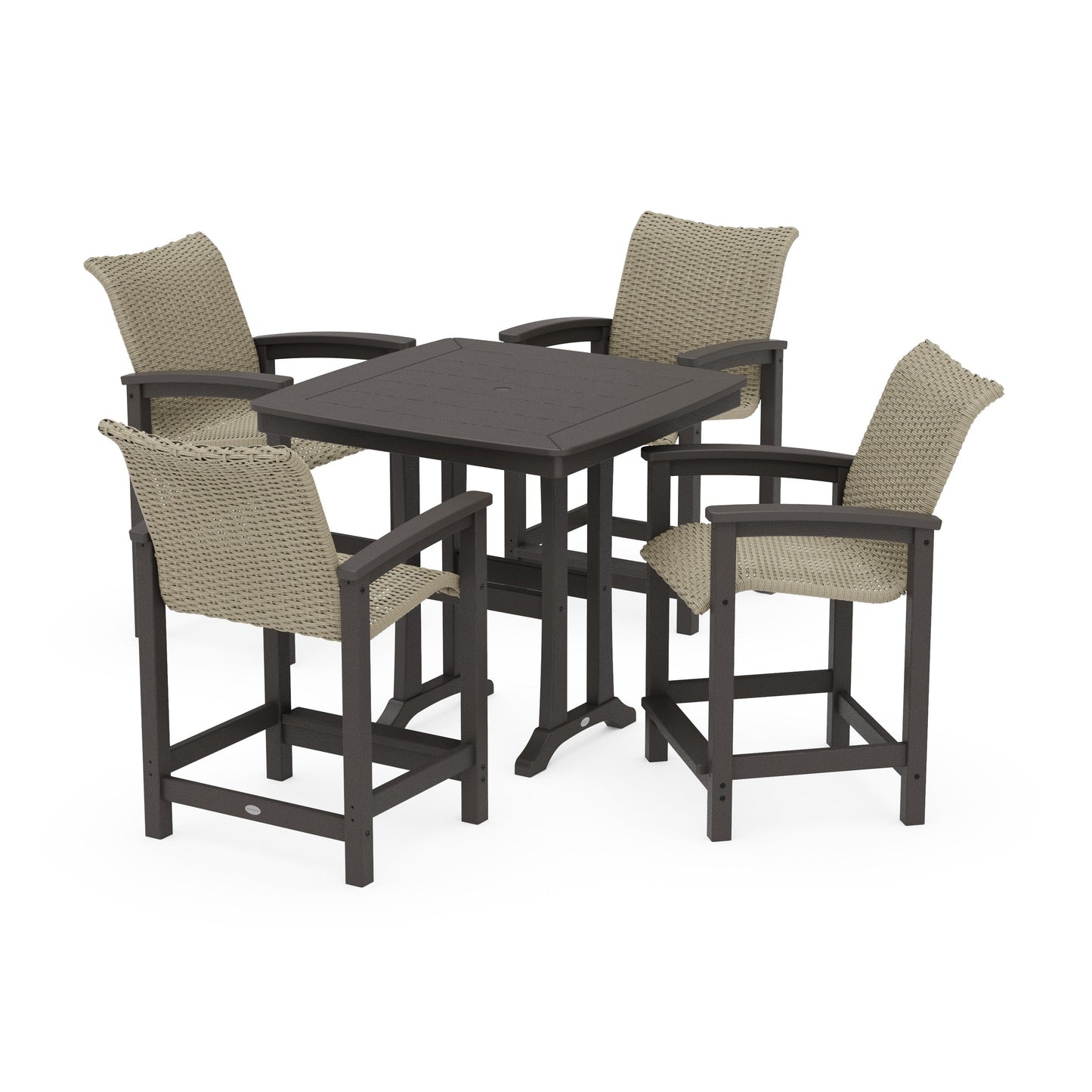 POLYWOOD Coastal Woven 5-Piece Counter Set with Trestle Legs — Vintage Coffee / Dune Grass