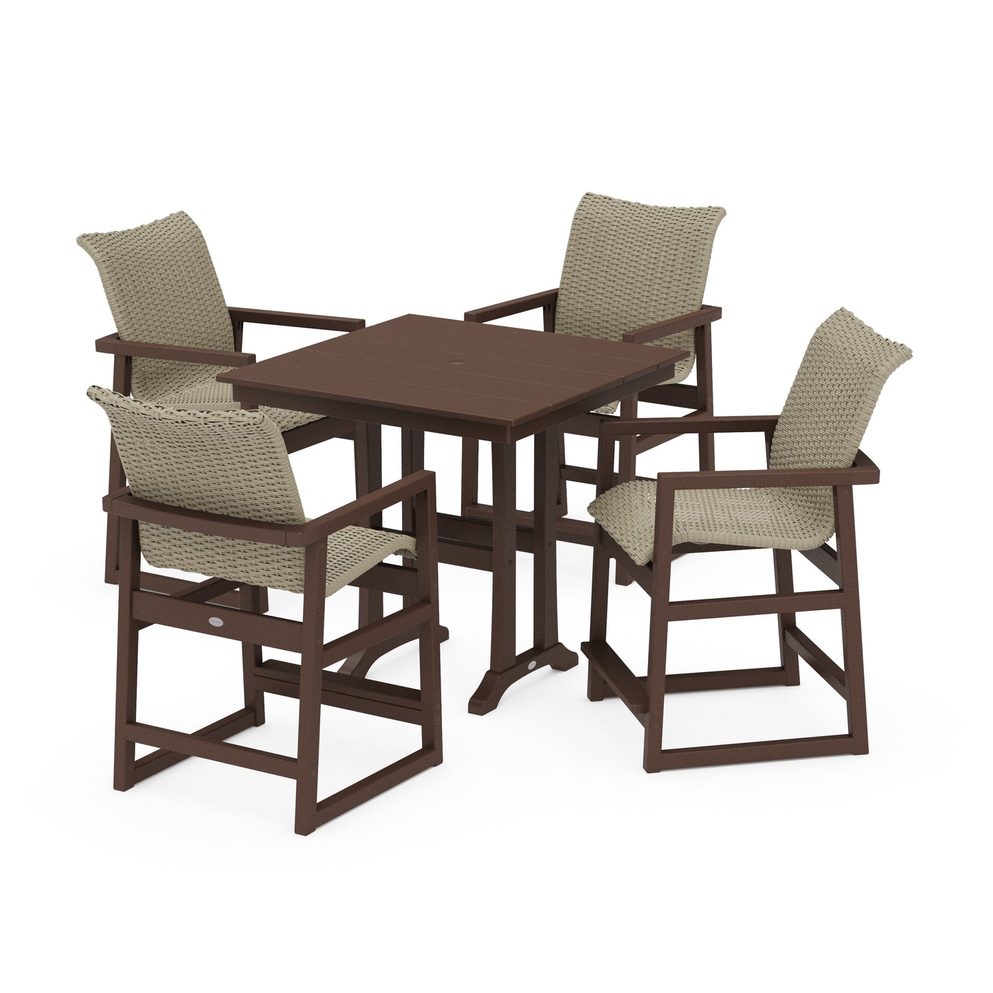 POLYWOOD EDGE Woven 5-Piece Farmhouse Counter Set with Trestle Legs — Mahogany / Dune Grass