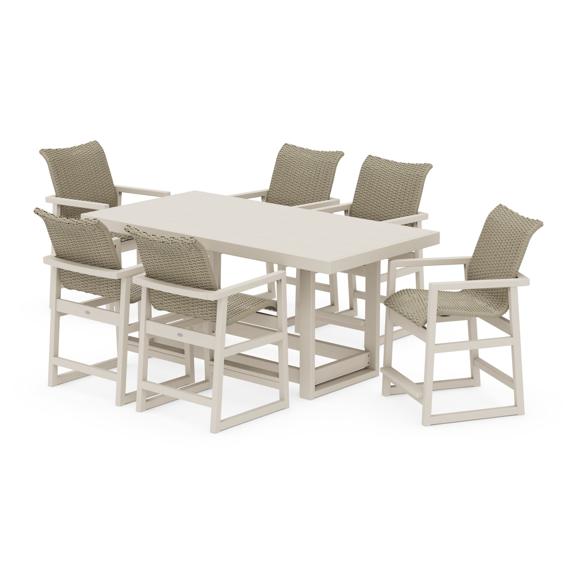 POLYWOOD EDGE Woven Arm Chair 7-Piece Counter Set — Sand / Dune Grass