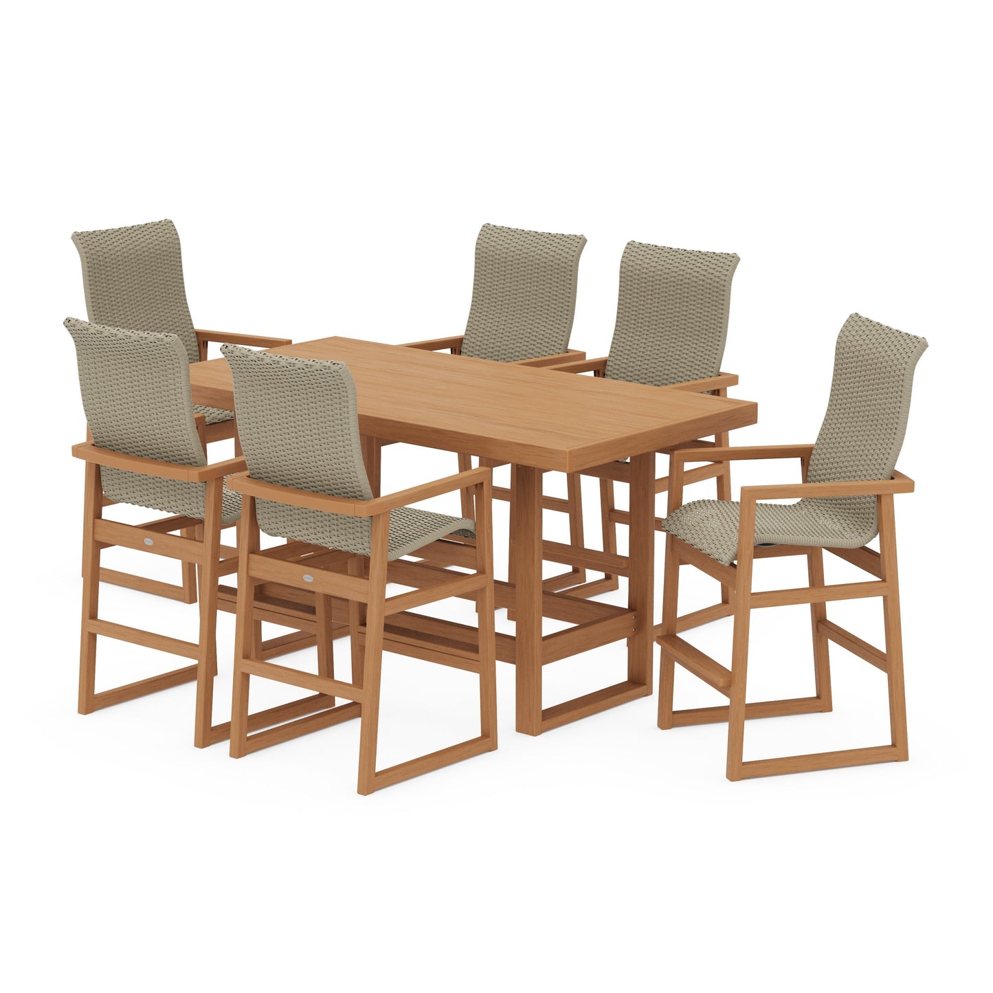 POLYWOOD EDGE Woven Highback Arm Chair 7-Piece Bar Set — Natural / Dune Grass