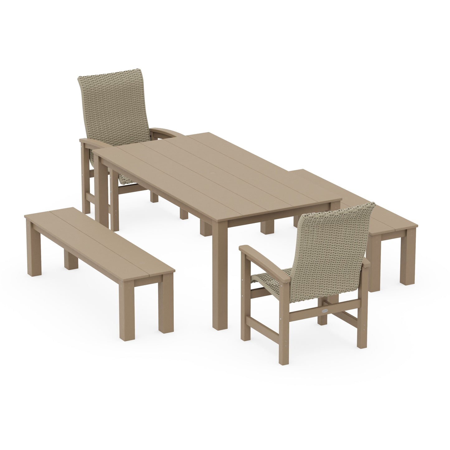 POLYWOOD Coastal Woven High-Back 5-Piece Parsons Dining Set with Benches — Vintage Sahara / Dune Grass