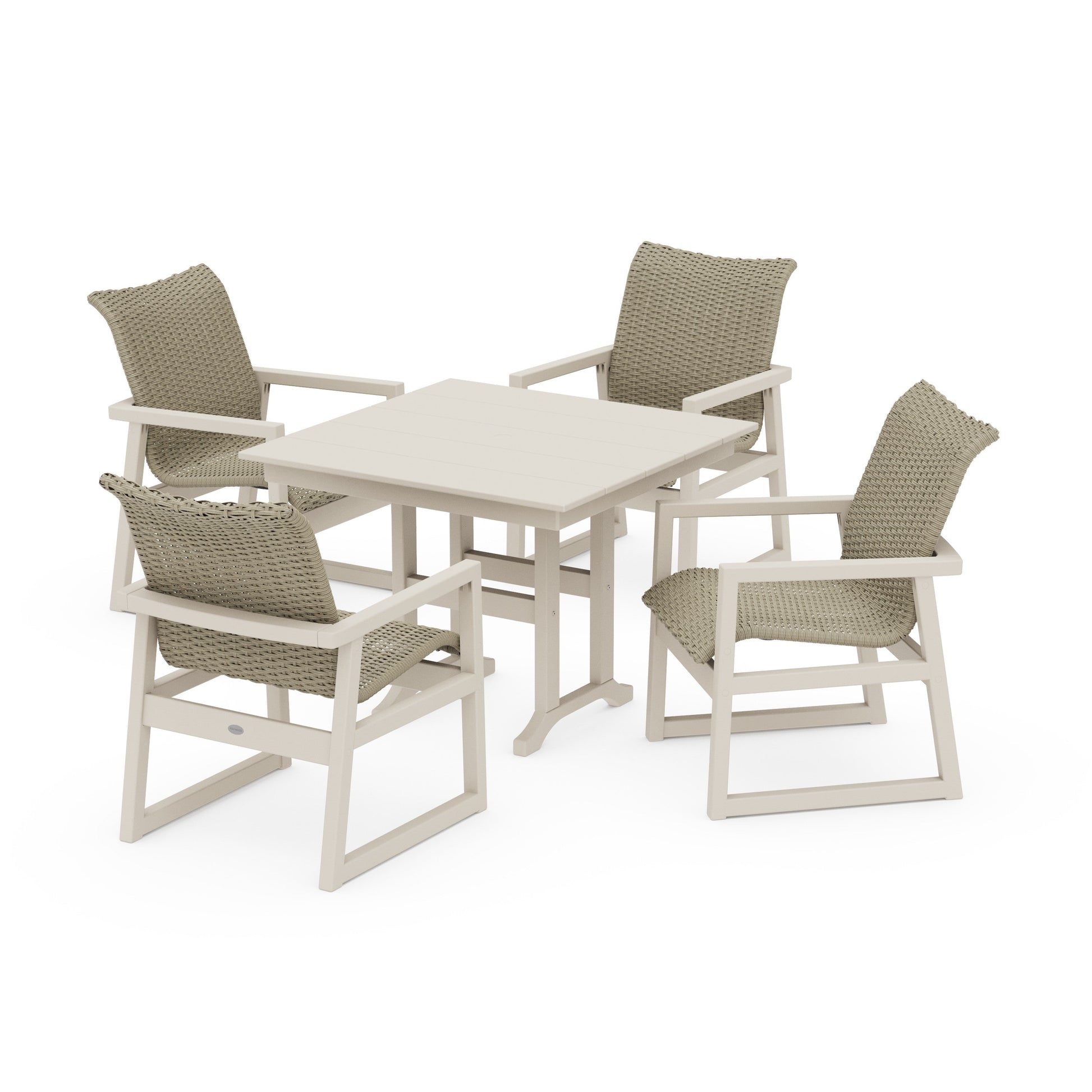 POLYWOOD EDGE Woven 5-Piece Farmhouse Dining Set — Sand / Dune Grass