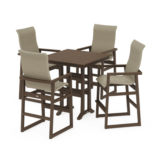 POLYWOOD EDGE Woven Highback 5-Piece Farmhouse Bar Set with Trestle Legs — Kona / Dune Grass