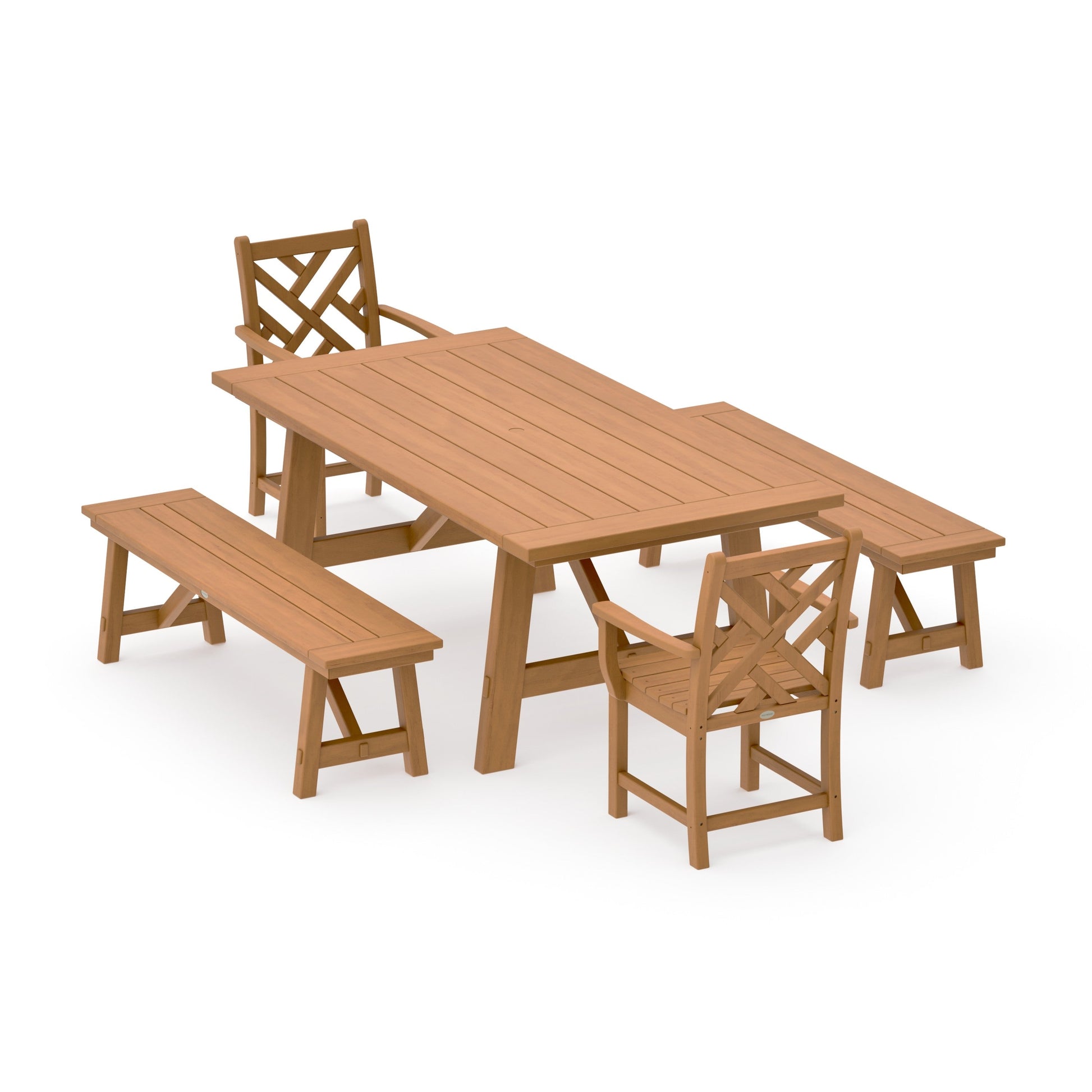POLYWOOD Chippendale 5-Piece Rustic Farmhouse Dining Set With Benches — Natural