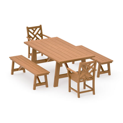 POLYWOOD Chippendale 5-Piece Rustic Farmhouse Dining Set With Benches — Natural