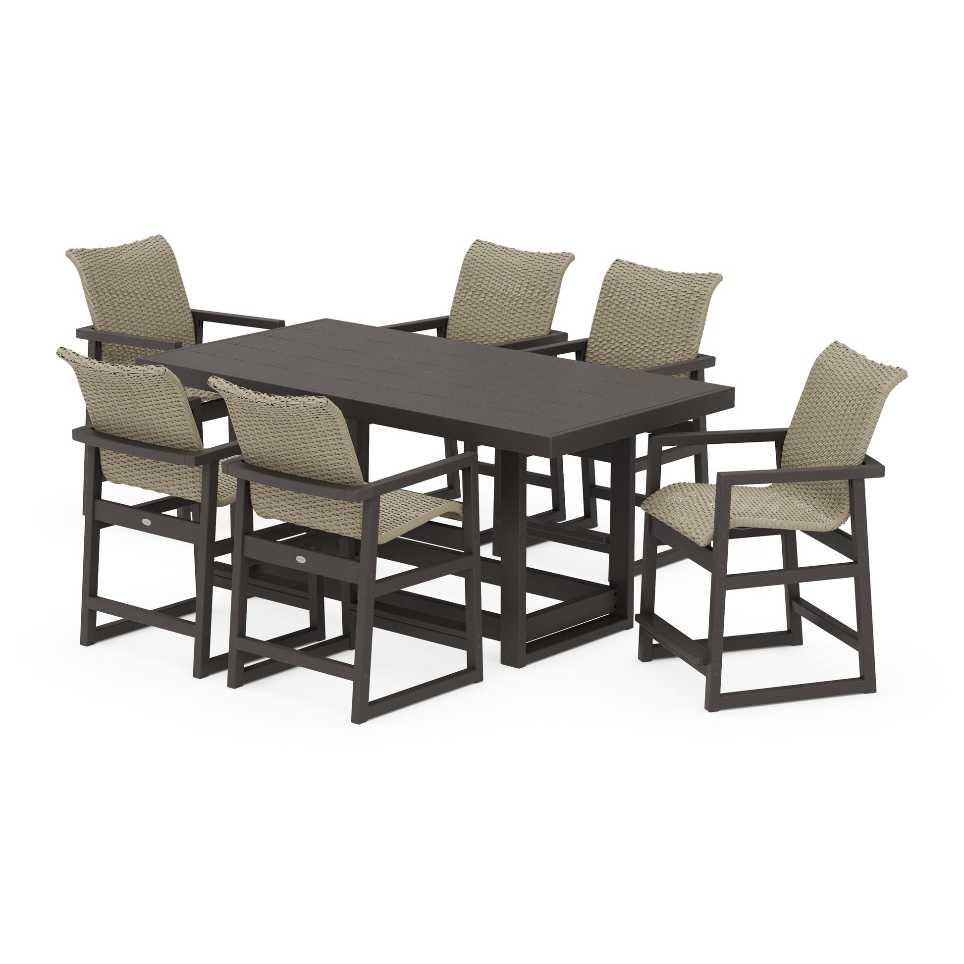 POLYWOOD EDGE Woven Arm Chair 7-Piece Counter Set — Vintage Coffee / Dune Grass