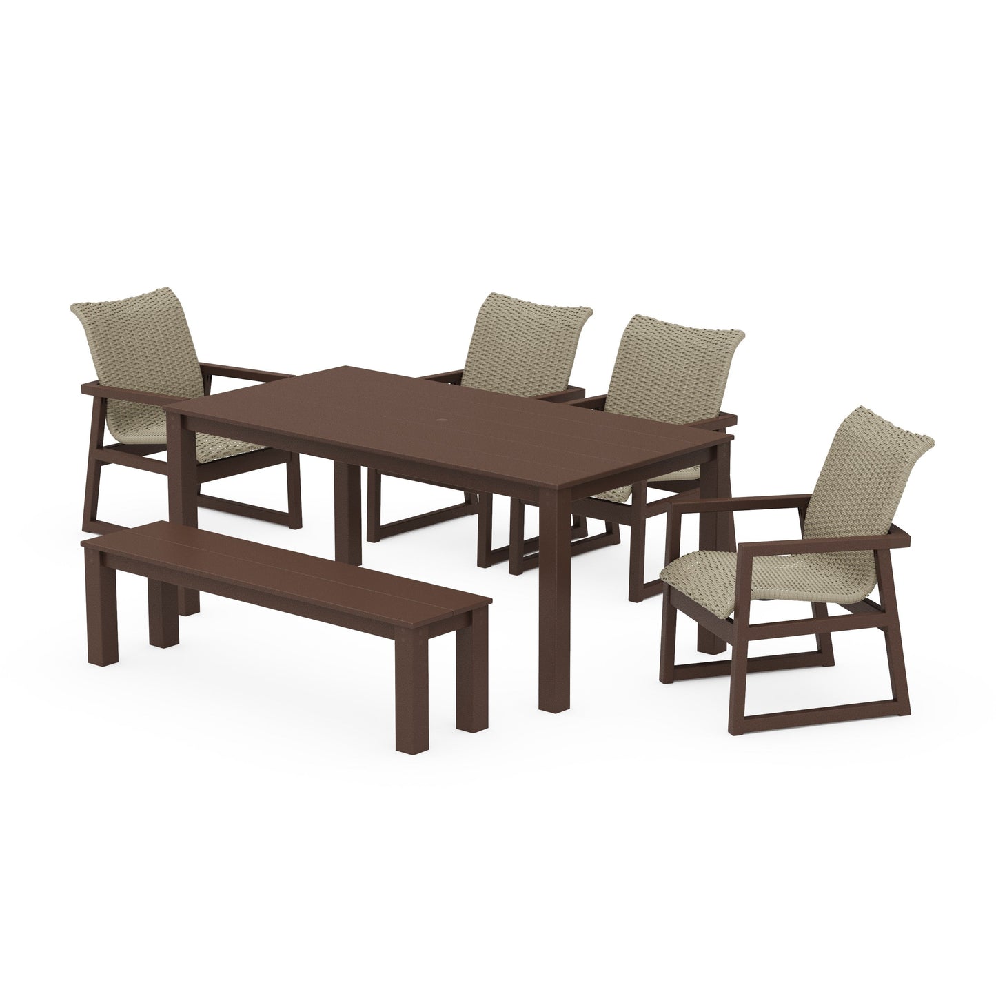 POLYWOOD EDGE Woven 6-Piece Parsons Dining Set with Bench — Mahogany / Dune Grass