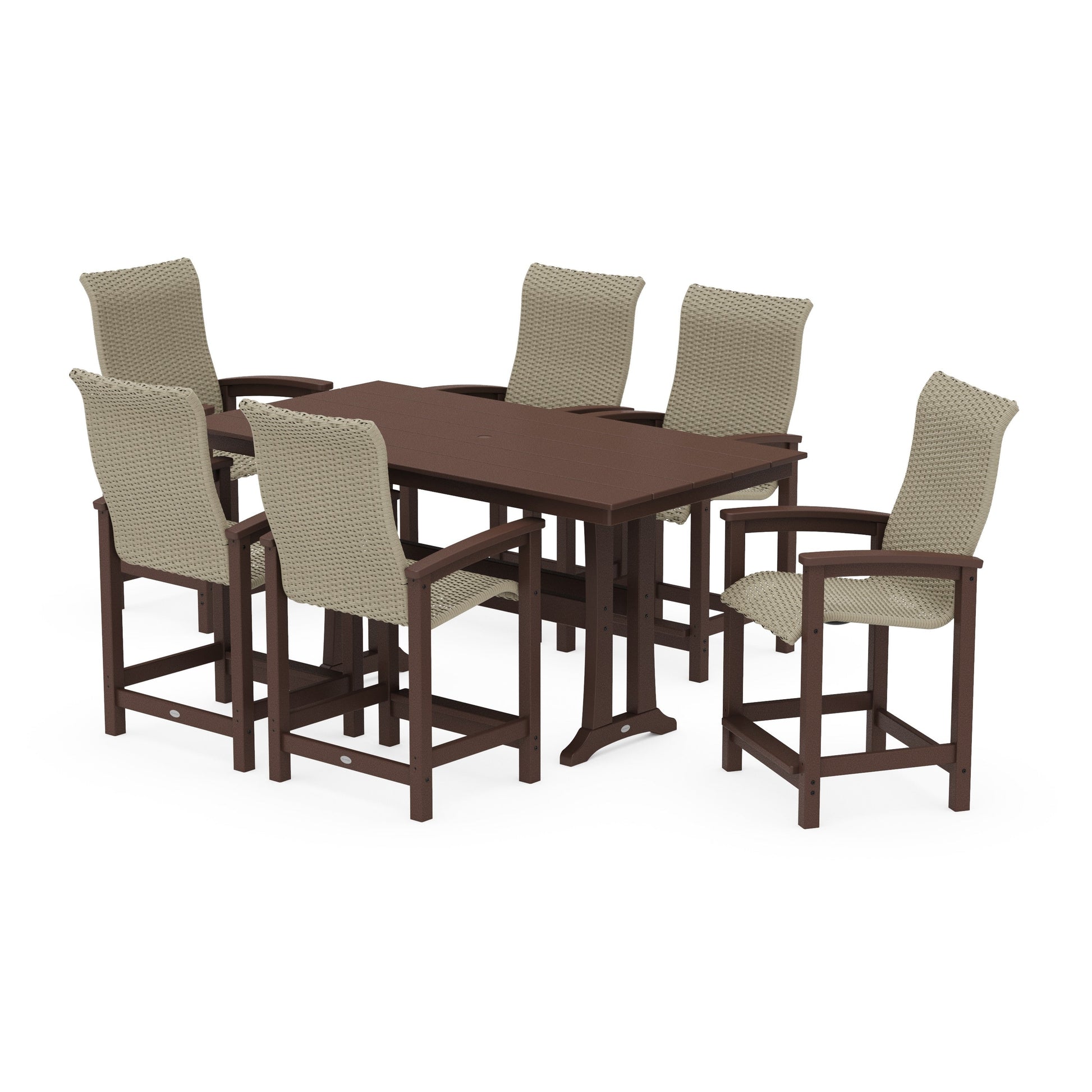 POLYWOOD Coastal Woven High-Back Arm Chair 7-Piece Farmhouse Counter Set with Trestle Legs — Mahogany / Dune Grass