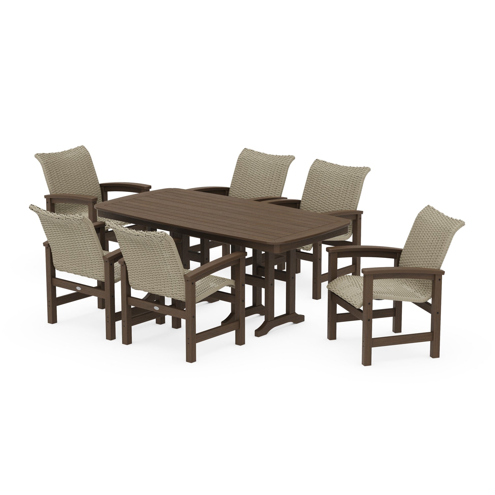 POLYWOOD Coastal Woven Arm Chair 7-Piece Dining Set — Kona / Dune Grass