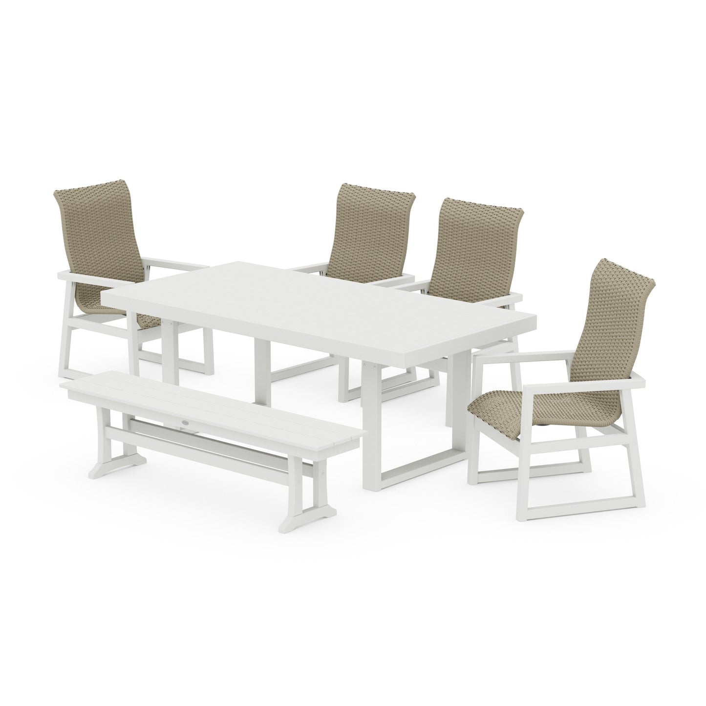 POLYWOOD EDGE Woven Highback 6-Piece Dining Set with Bench — Vintage White / Dune Grass