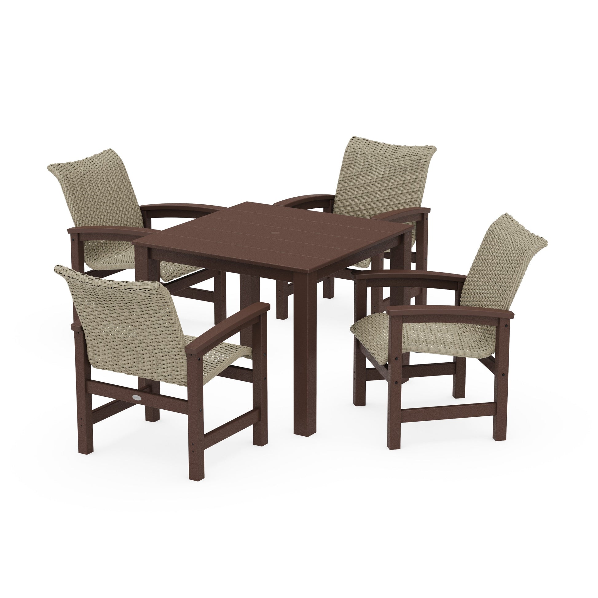 POLYWOOD Coastal Woven 5-Piece Parsons Dining Set — Mahogany / Dune Grass