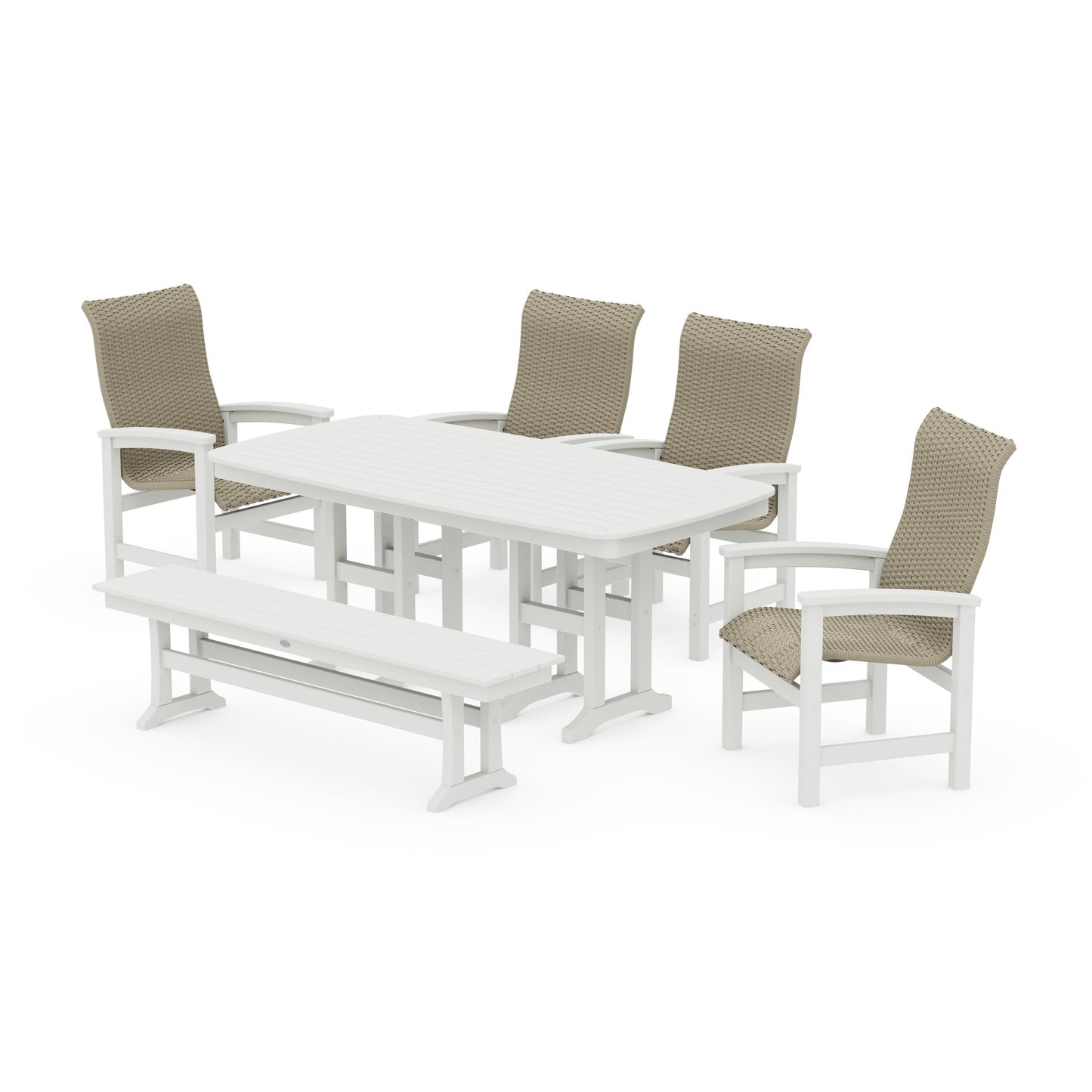 POLYWOOD Coastal Woven High-Back 6-Piece Farmhouse Dining Set with Bench — Vintage White / Dune Grass