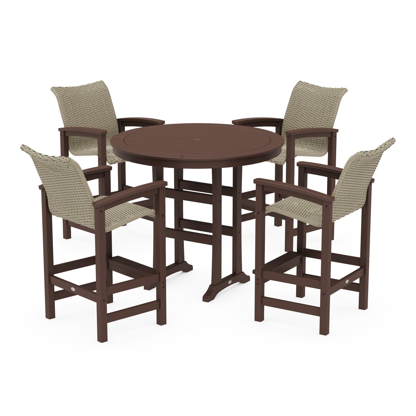 POLYWOOD Coastal Woven 5-Piece Round Bar Set — Mahogany / Dune Grass