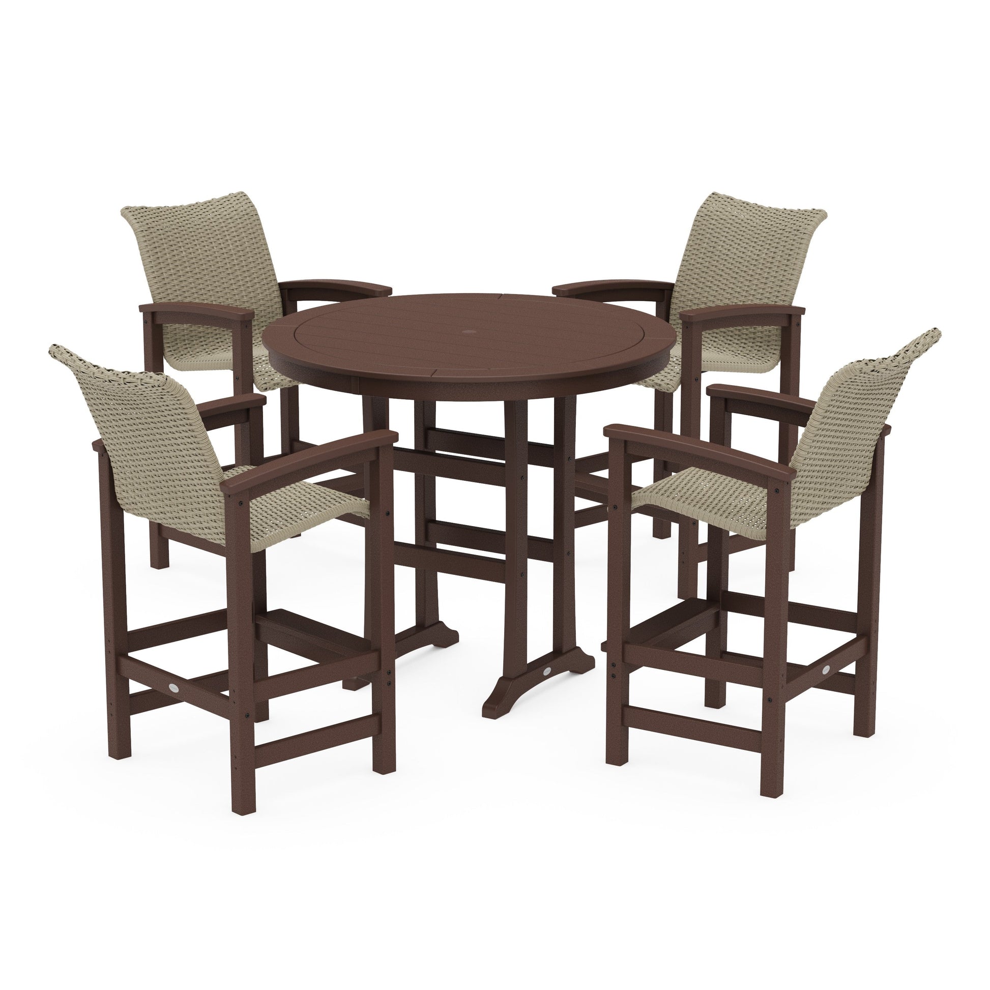 POLYWOOD Coastal Woven 5-Piece Round Bar Set — Mahogany / Dune Grass