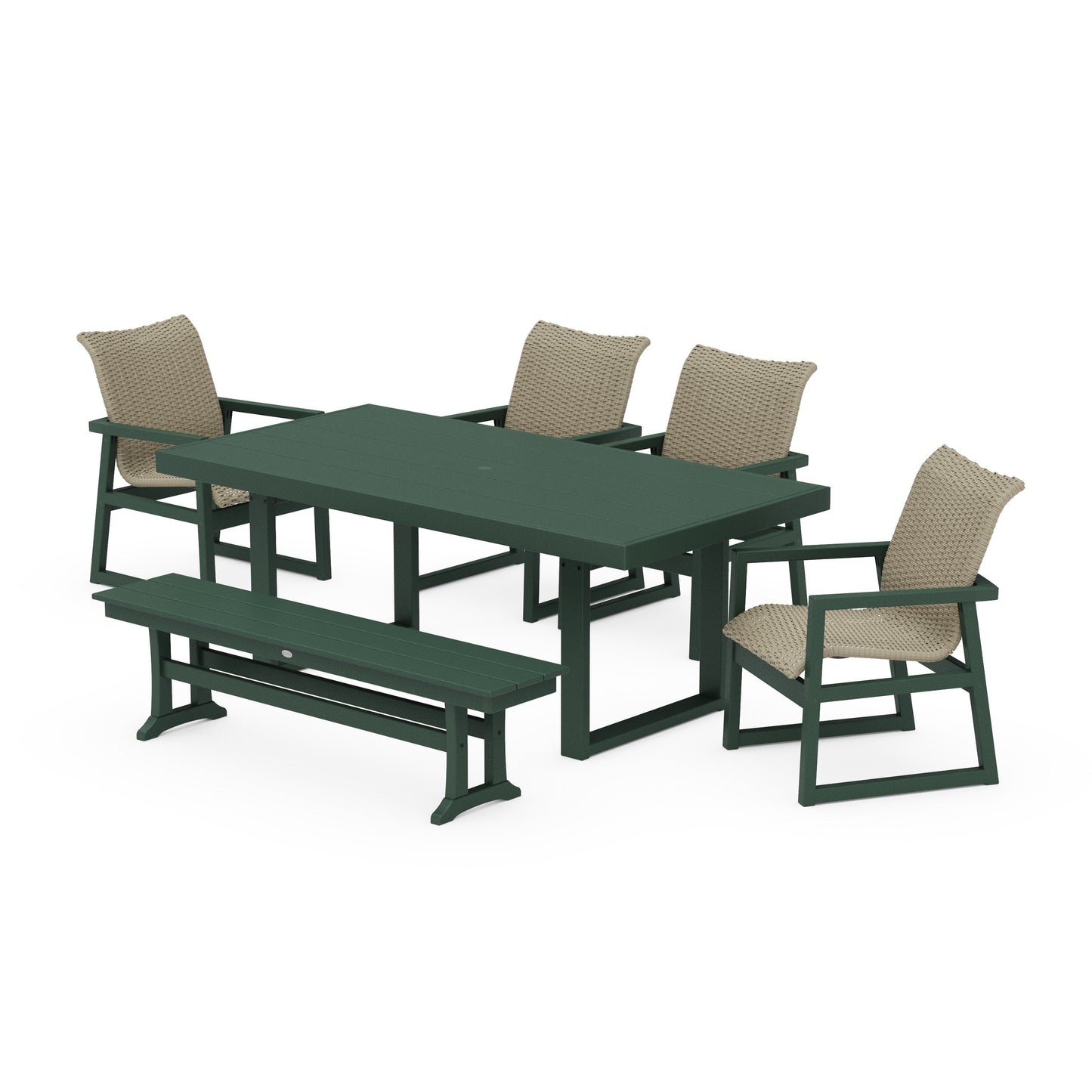 POLYWOOD EDGE Woven 6-Piece Dining Set with Bench — Green / Dune Grass