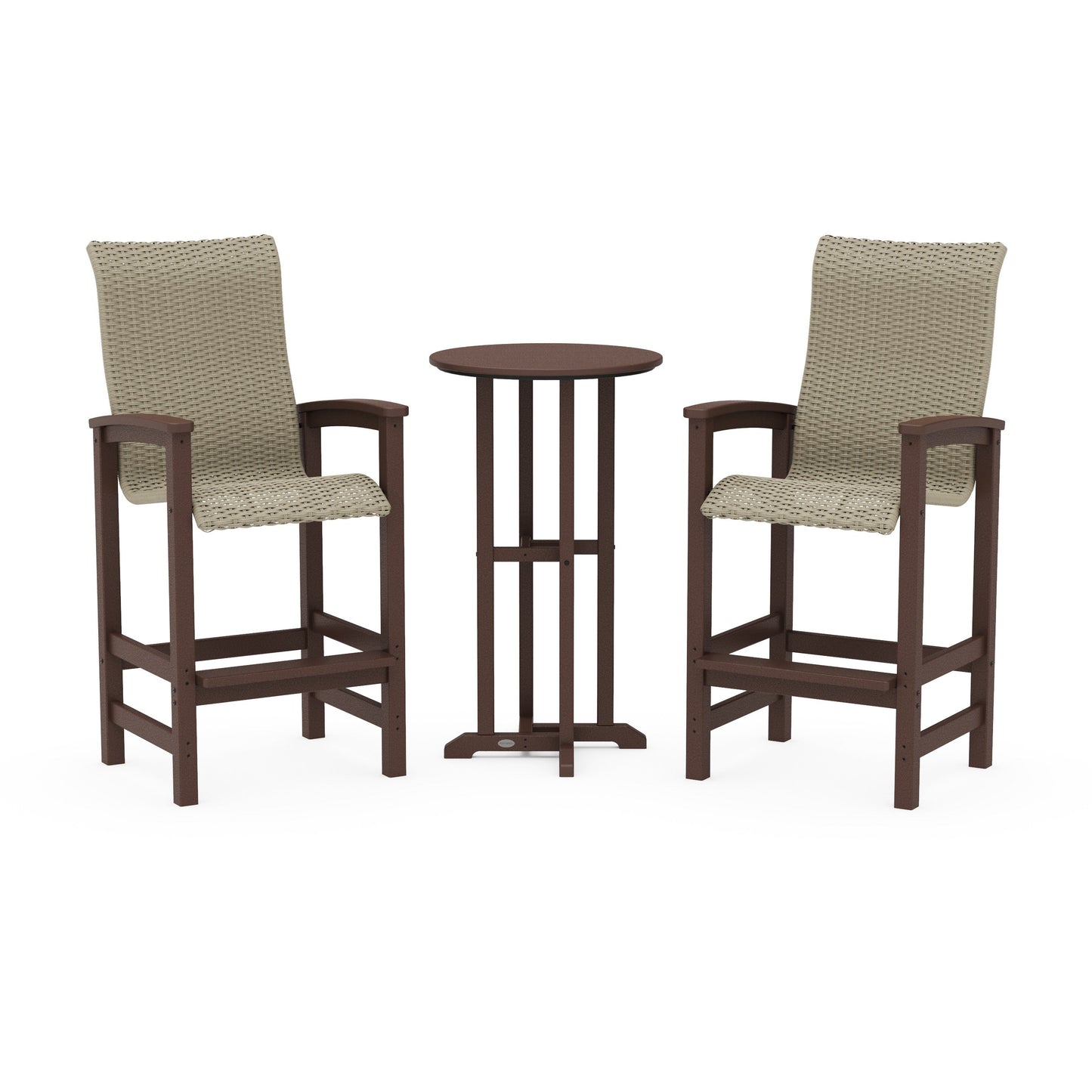 POLYWOOD Coastal Woven High-Back 3-Piece Farmhouse Bar Set — Mahogany / Dune Grass