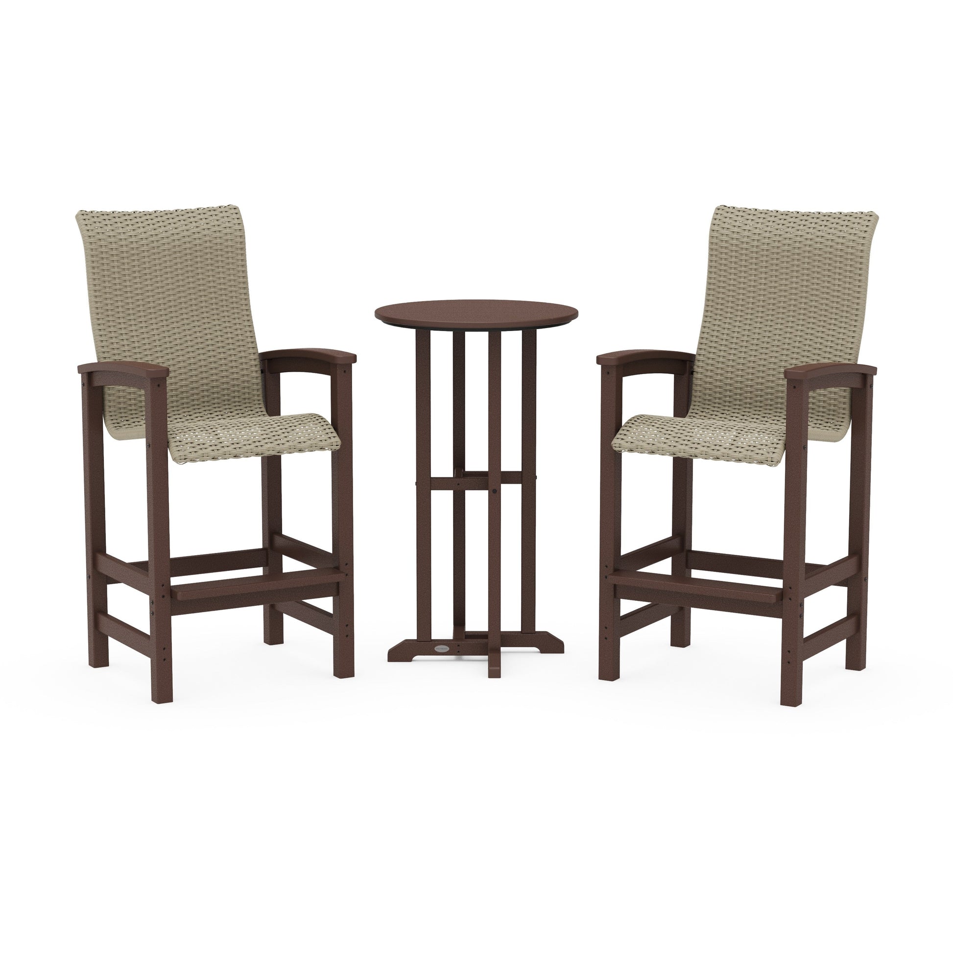 POLYWOOD Coastal Woven High-Back 3-Piece Farmhouse Bar Set — Mahogany / Dune Grass