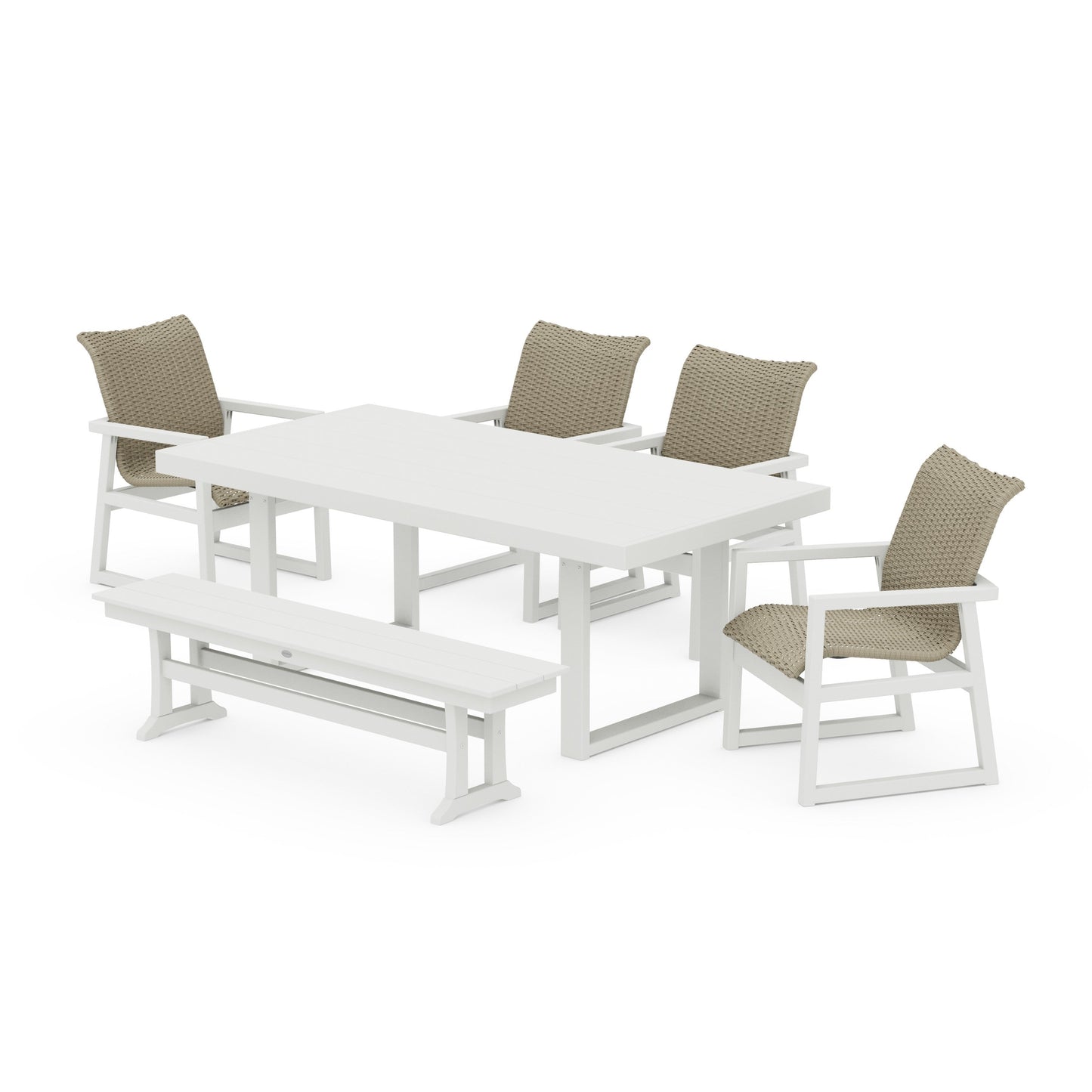 POLYWOOD EDGE Woven 6-Piece Dining Set with Bench — White / Dune Grass