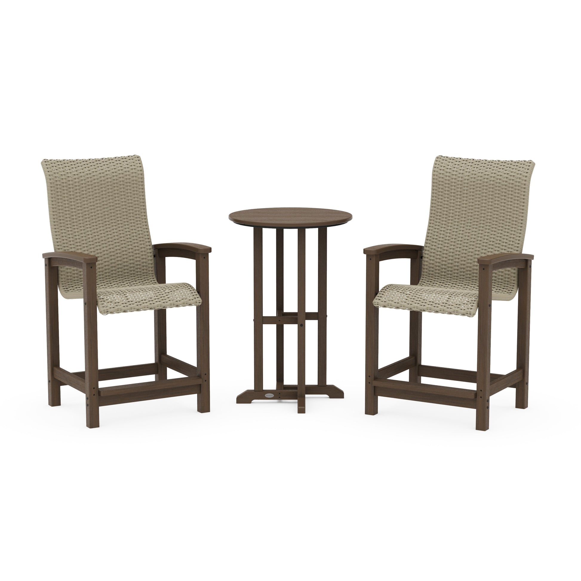POLYWOOD Coastal Woven High-Back 3-Piece Farmhouse Counter Set — Kona / Dune Grass