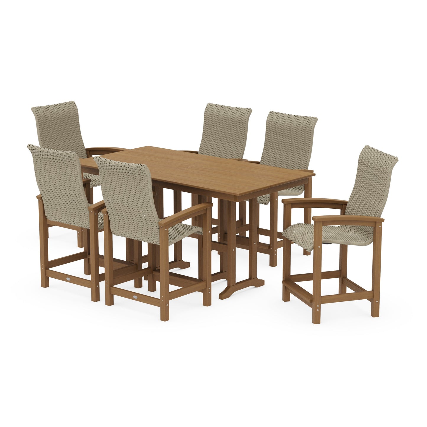POLYWOOD Coastal Woven High-Back Arm Chair 7-Piece Farmhouse Counter Set — Natural / Dune Grass