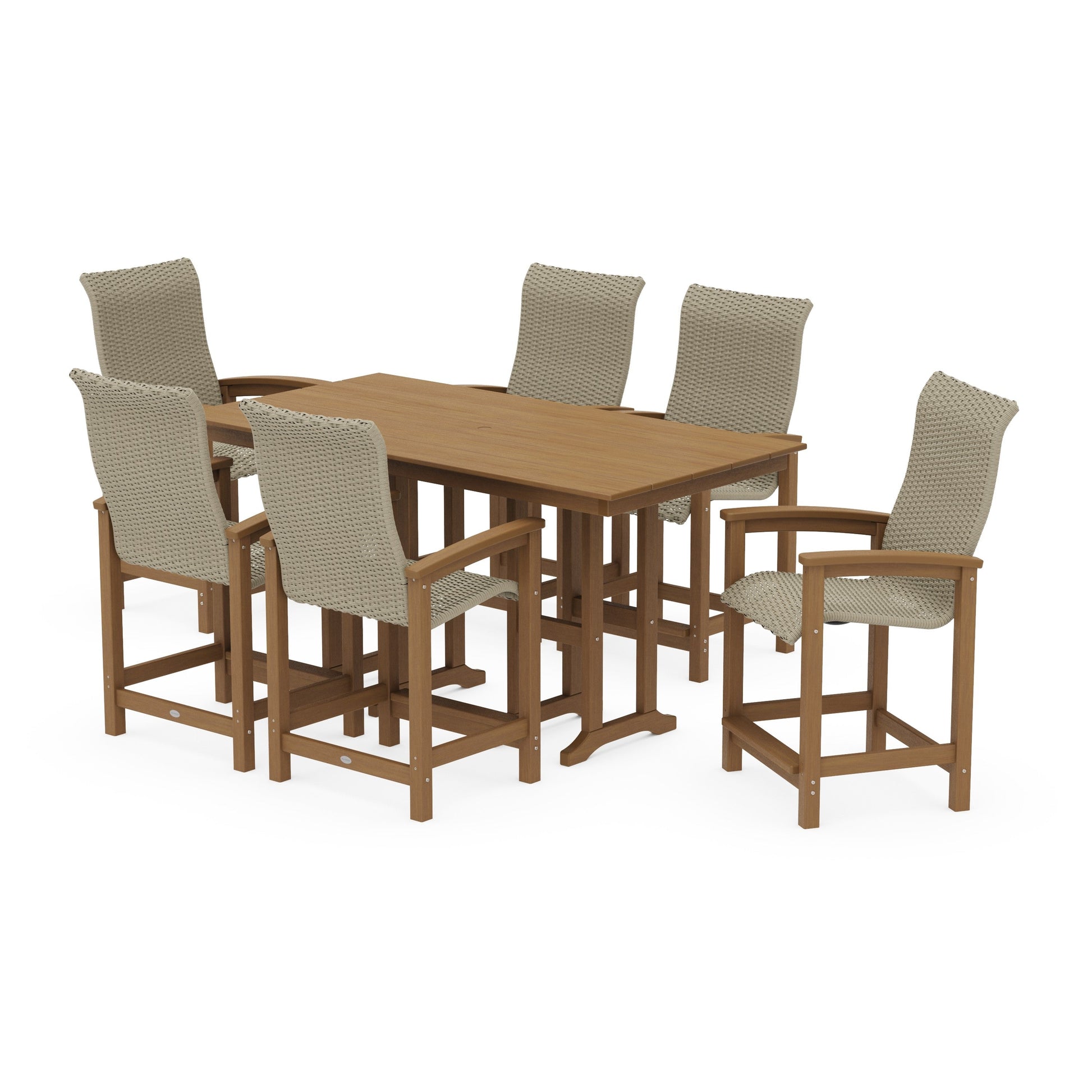 POLYWOOD Coastal Woven High-Back Arm Chair 7-Piece Farmhouse Counter Set — Natural / Dune Grass