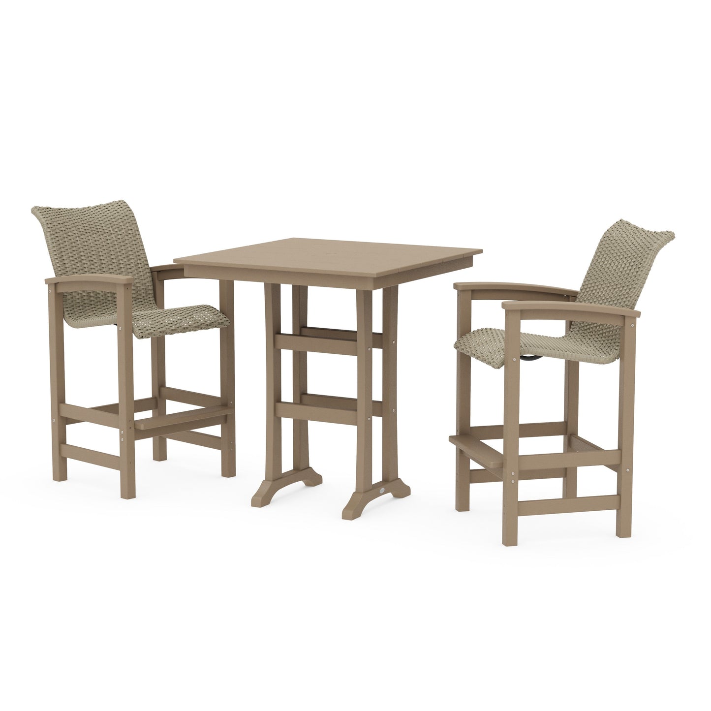 POLYWOOD Coastal Woven 3-Piece Farmhouse Bar Set with Trestle Legs — Vintage Sahara / Dune Grass