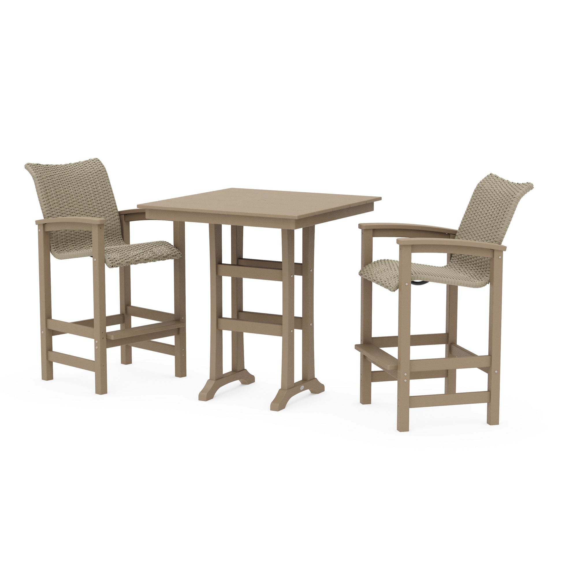 POLYWOOD Coastal Woven 3-Piece Farmhouse Bar Set with Trestle Legs — Vintage Sahara / Dune Grass