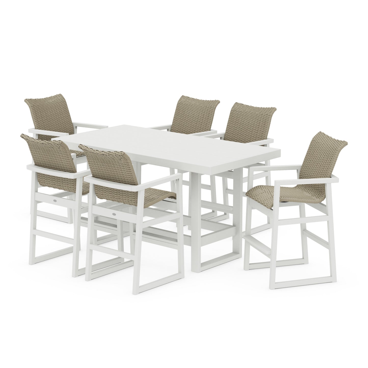 POLYWOOD EDGE Woven Arm Chair 7-Piece Bar Set — White / Dune Grass