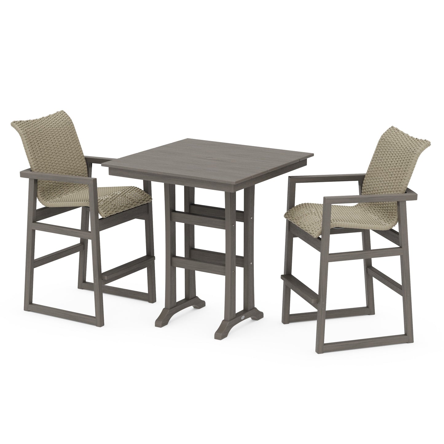 POLYWOOD EDGE Woven 3-Piece Farmhouse Bar Set with Trestle Legs — Driftwood / Dune Grass