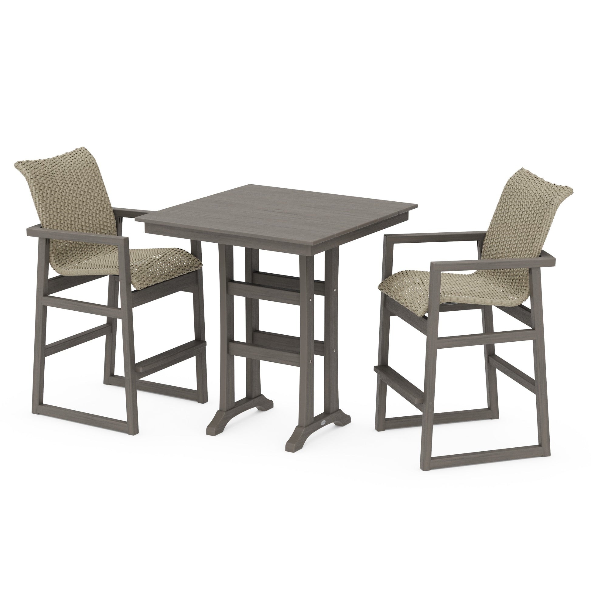 POLYWOOD EDGE Woven 3-Piece Farmhouse Bar Set with Trestle Legs — Driftwood / Dune Grass