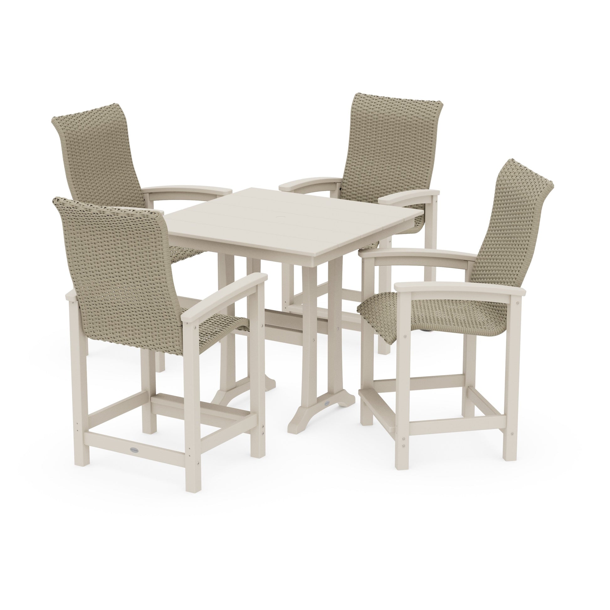POLYWOOD Coastal Woven High-Back 5-Piece Farmhouse Counter Set with Trestle Legs — Sand / Dune Grass