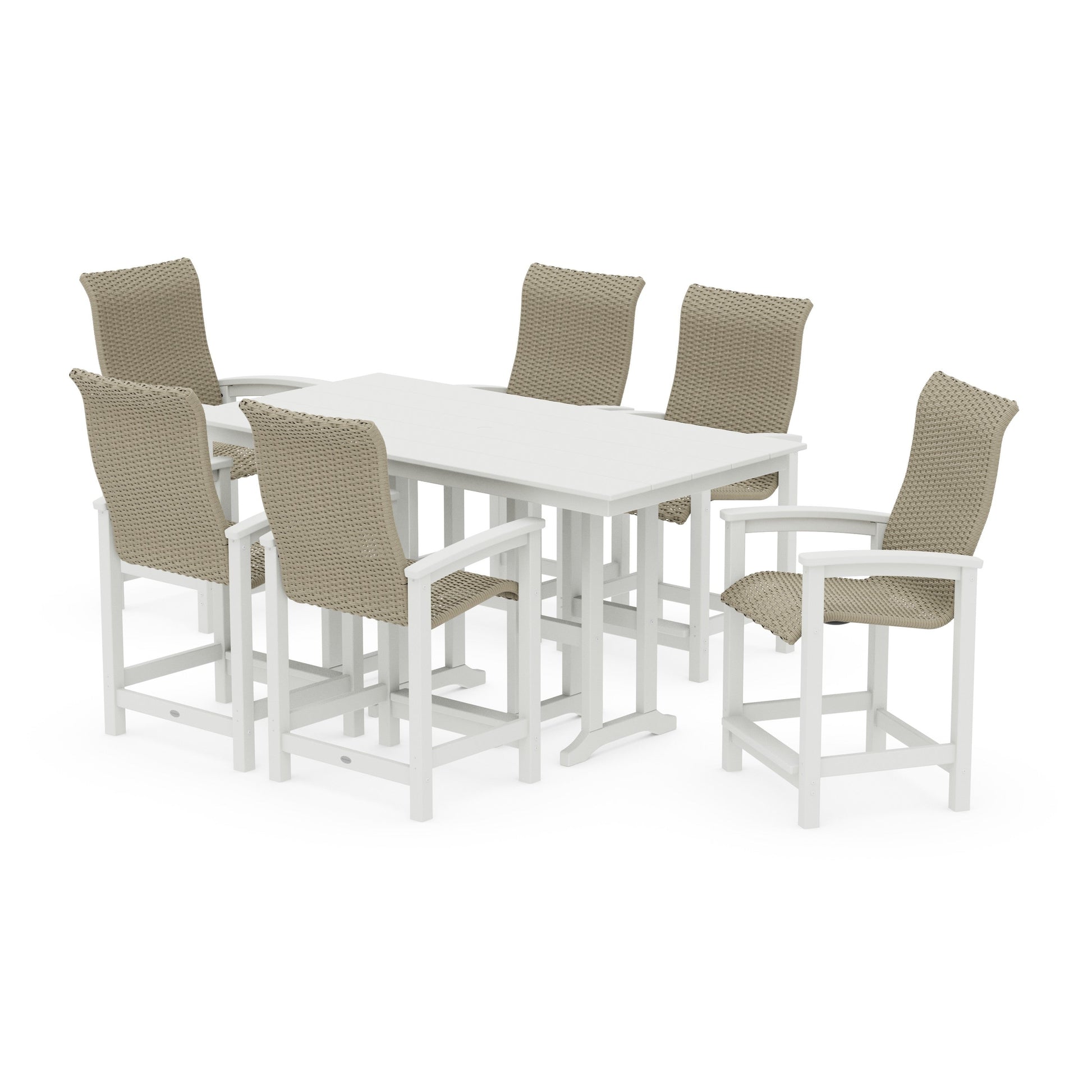 POLYWOOD Coastal Woven High-Back Arm Chair 7-Piece Farmhouse Counter Set — Vintage White / Dune Grass