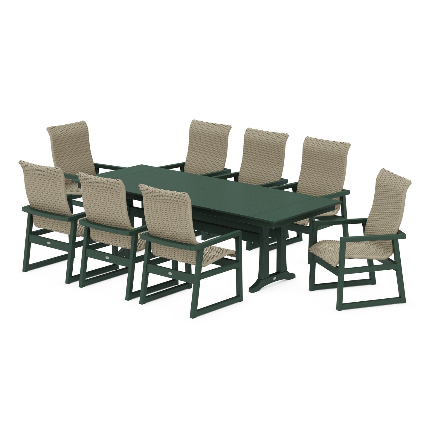 POLYWOOD EDGE Woven Highback 9-Piece Farmhouse Dining Set with Trestle Legs — Green / Dune Grass
