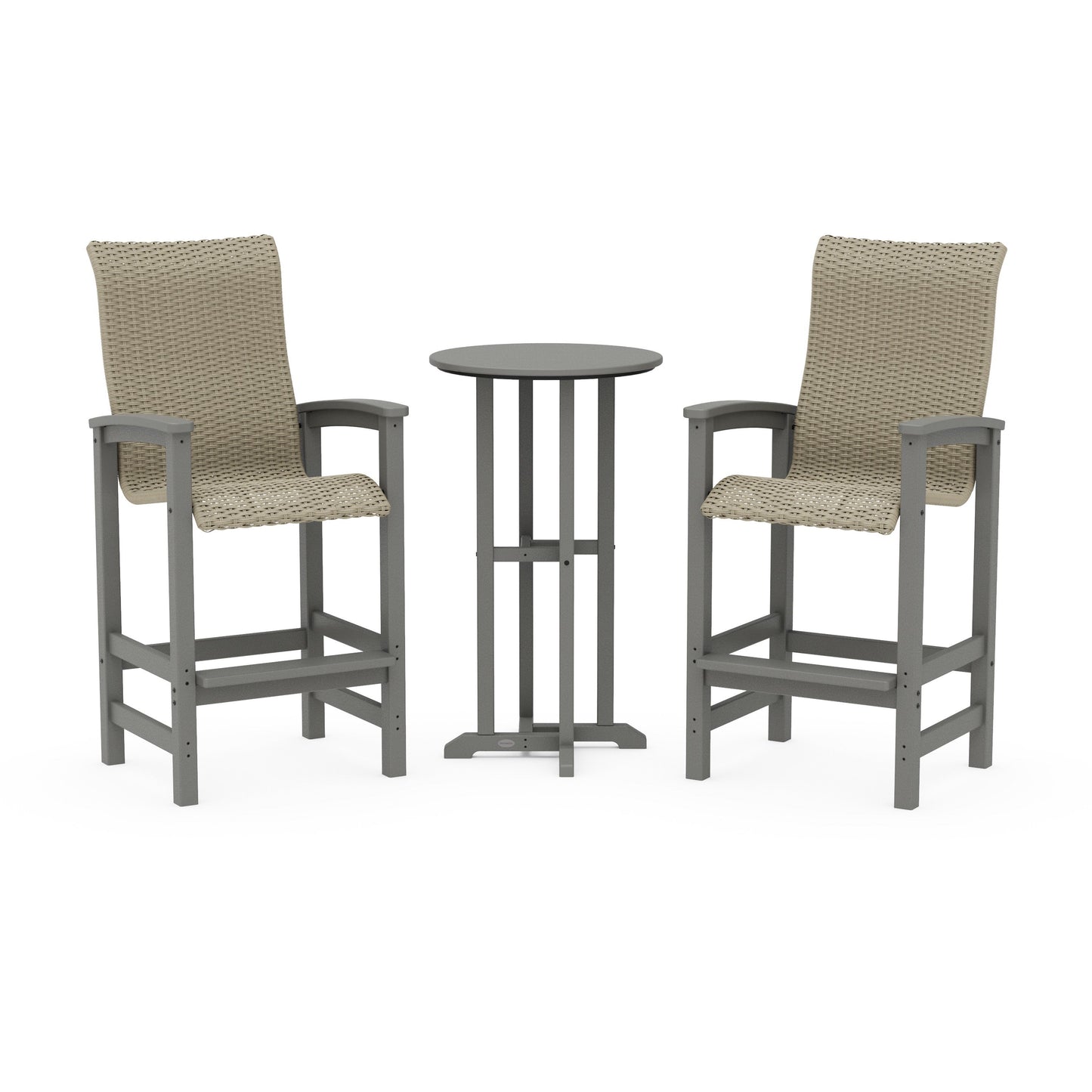 POLYWOOD Coastal Woven High-Back 3-Piece Farmhouse Bar Set — Slate Grey / Dune Grass