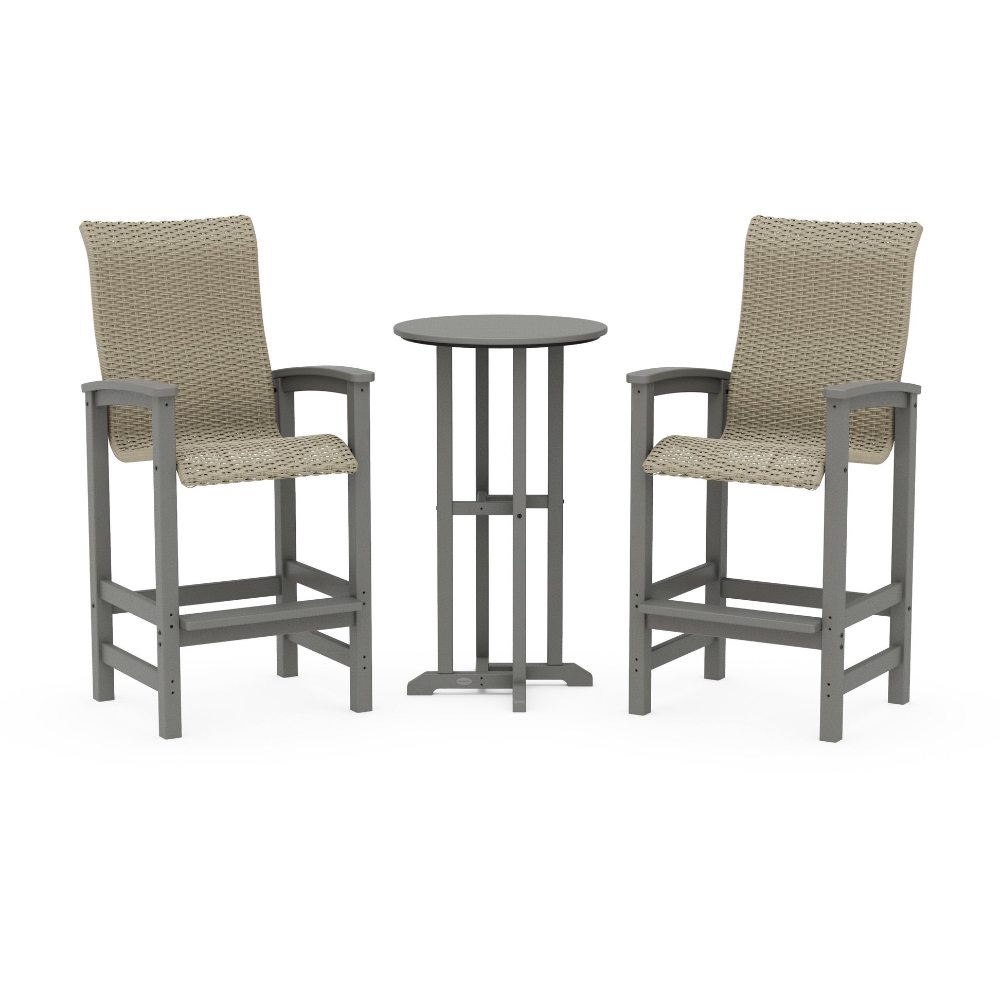 POLYWOOD Coastal Woven High-Back 3-Piece Farmhouse Bar Set — Slate Grey / Dune Grass