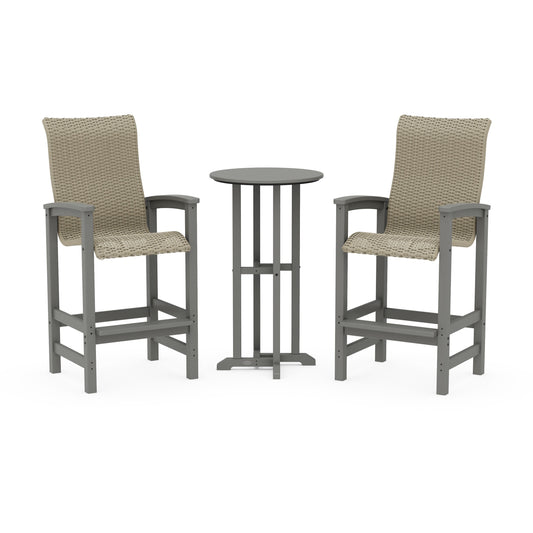 POLYWOOD Coastal Woven High-Back 3-Piece Farmhouse Bar Set — Slate Grey / Dune Grass