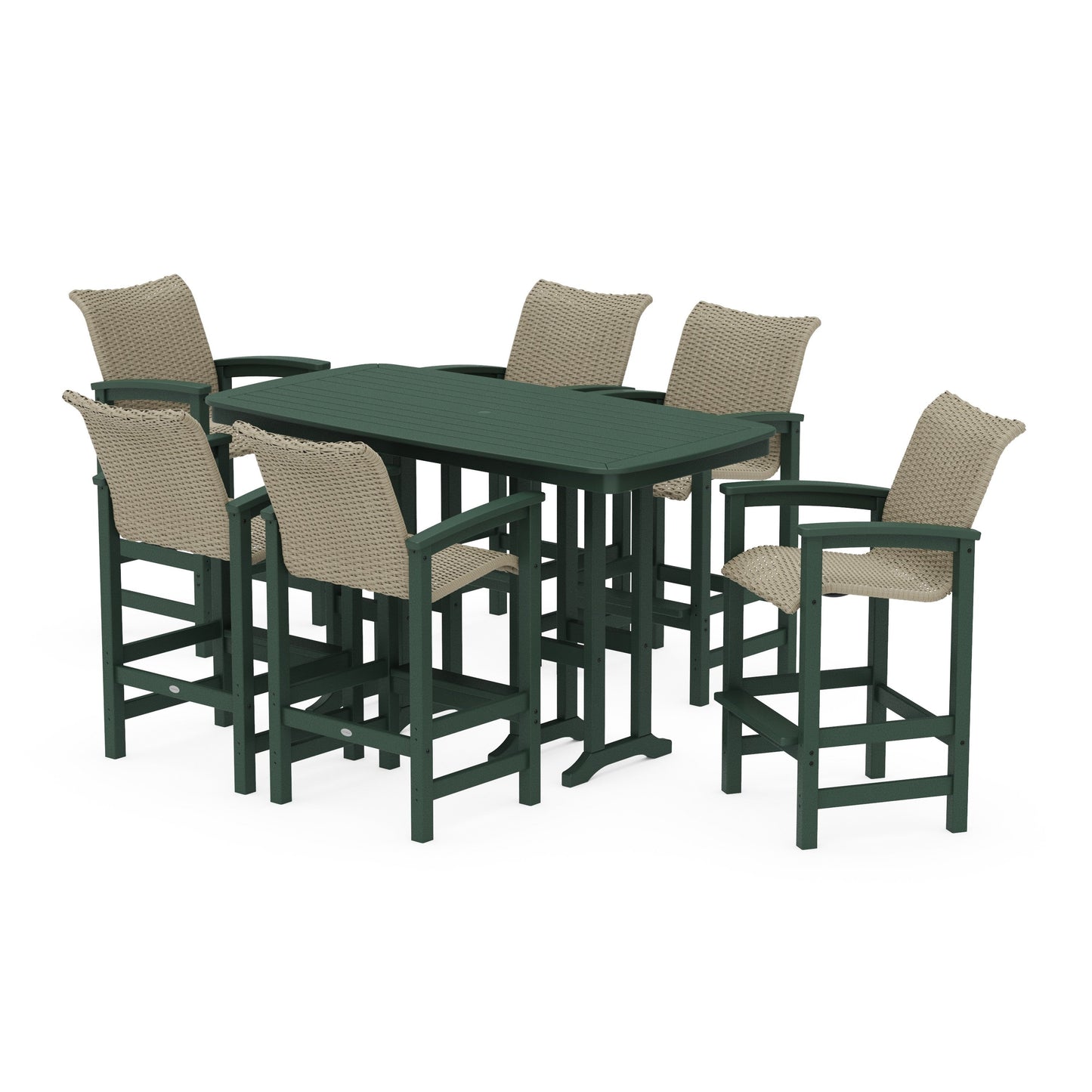 POLYWOOD Coastal Woven Arm Chair 7-Piece Bar Set — Green / Dune Grass